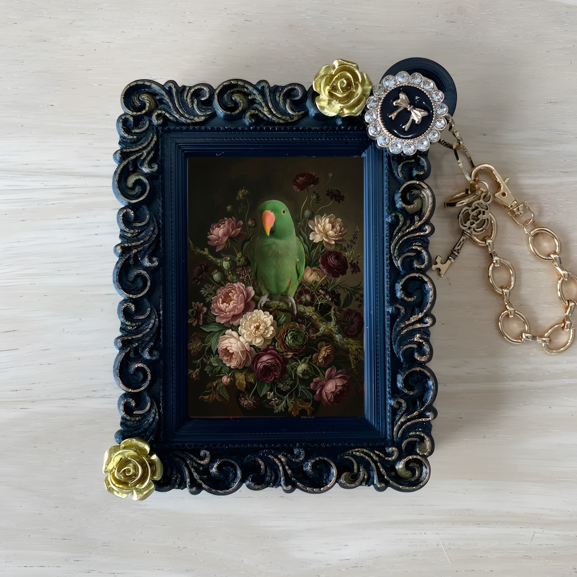 Eclectus Parrot Floral Oil-Painting Floral Bag Charm (Black)