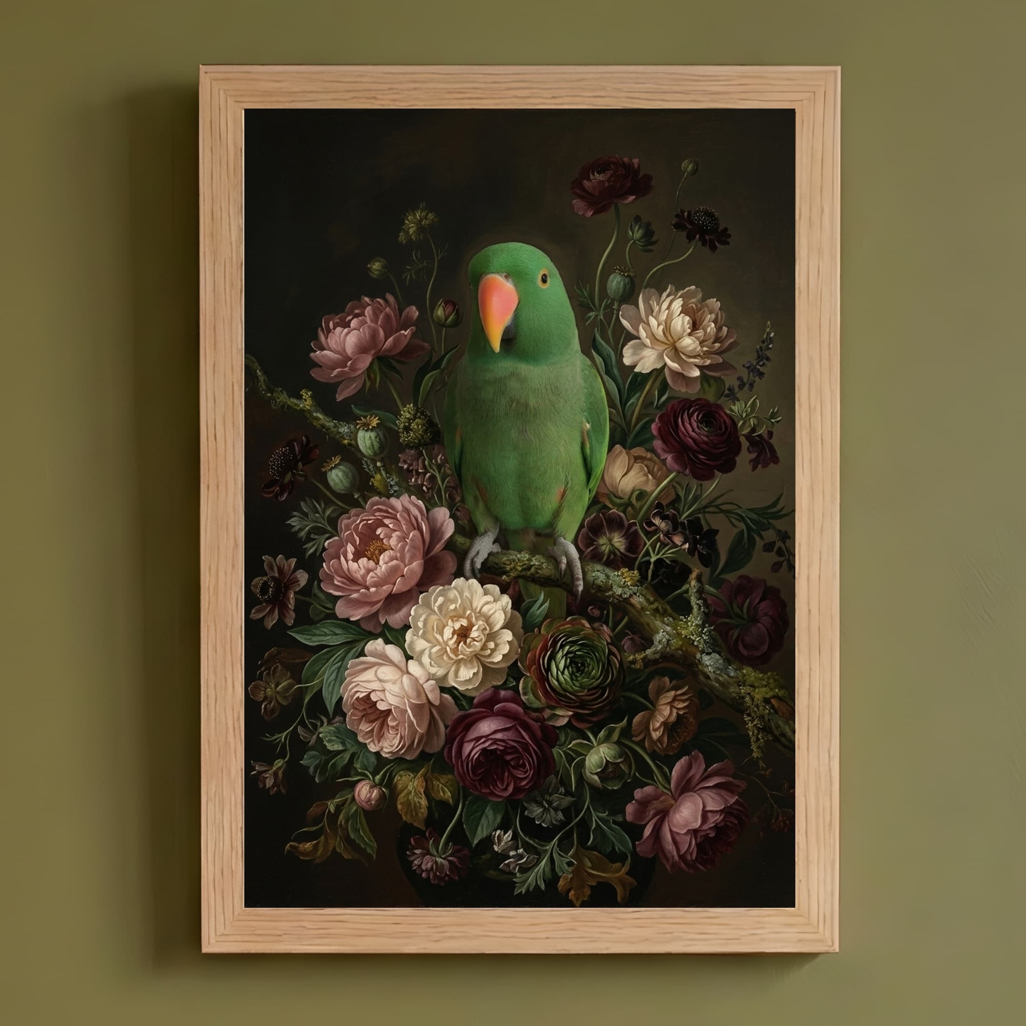 オオハナインコの花の油絵風アート花柄額装プリント(A4サイズ)