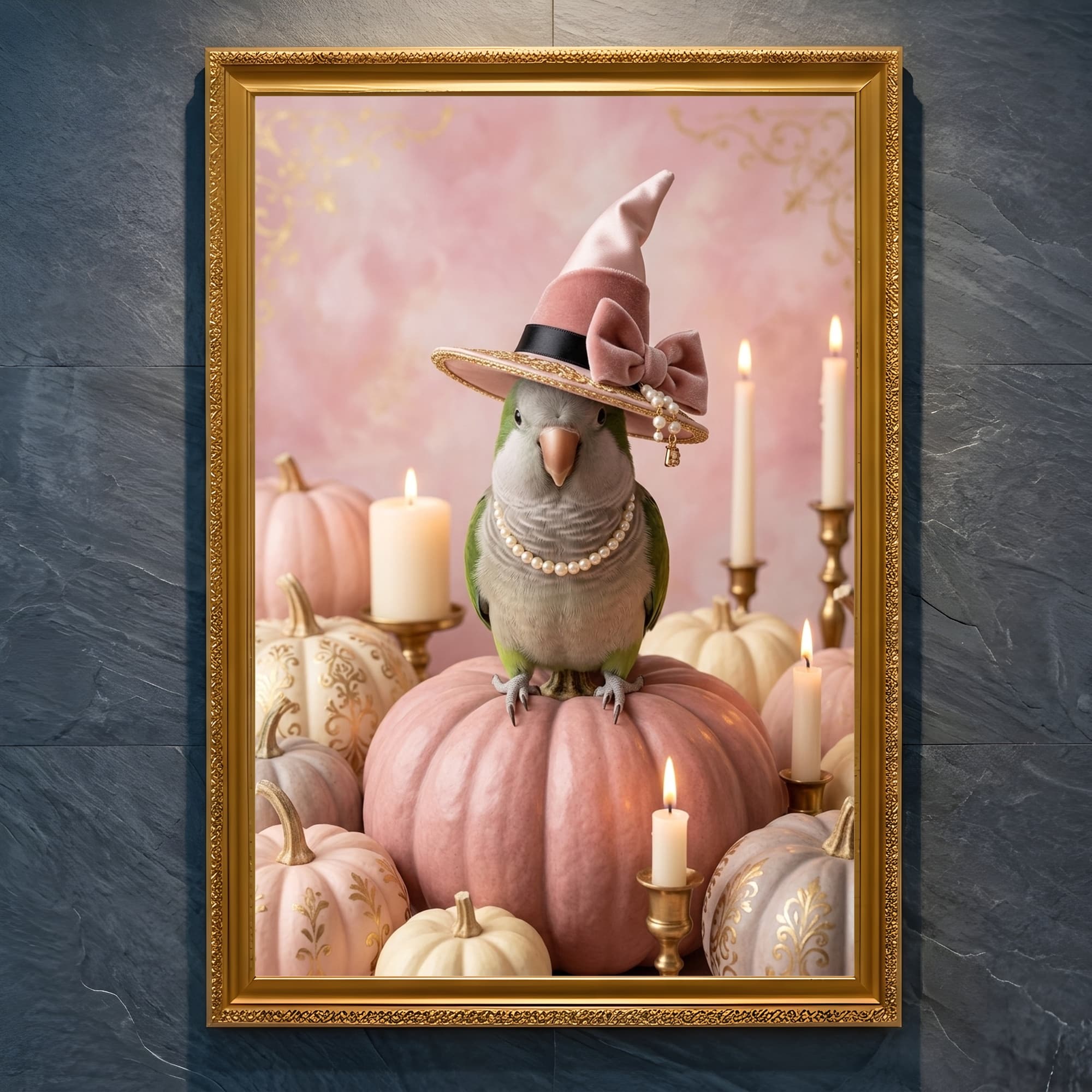 ダルマインコのかぼちゃとキャンドルの油絵風アートハロウィン額装プリント(A4金縁)