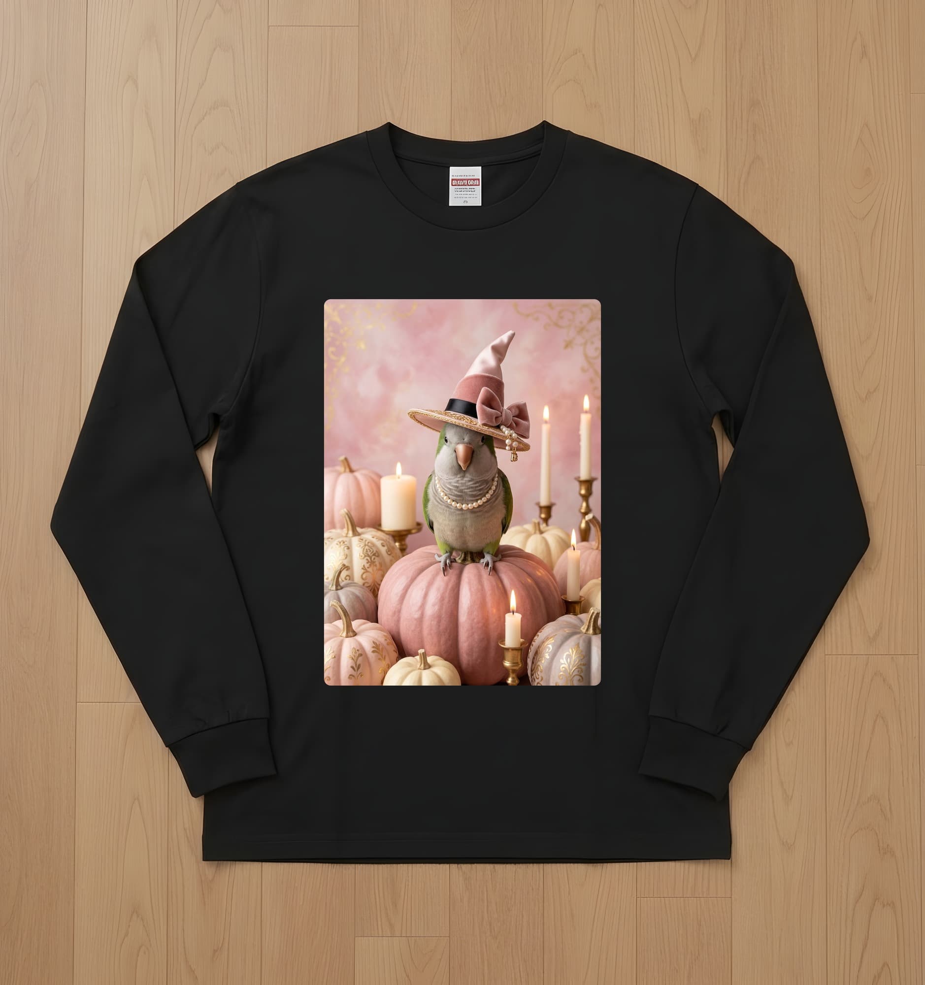 Derbyan Parakeet Pumpkin & Candlelight Oil-Painting Halloween Long Sleeve T-Shirt (Black)