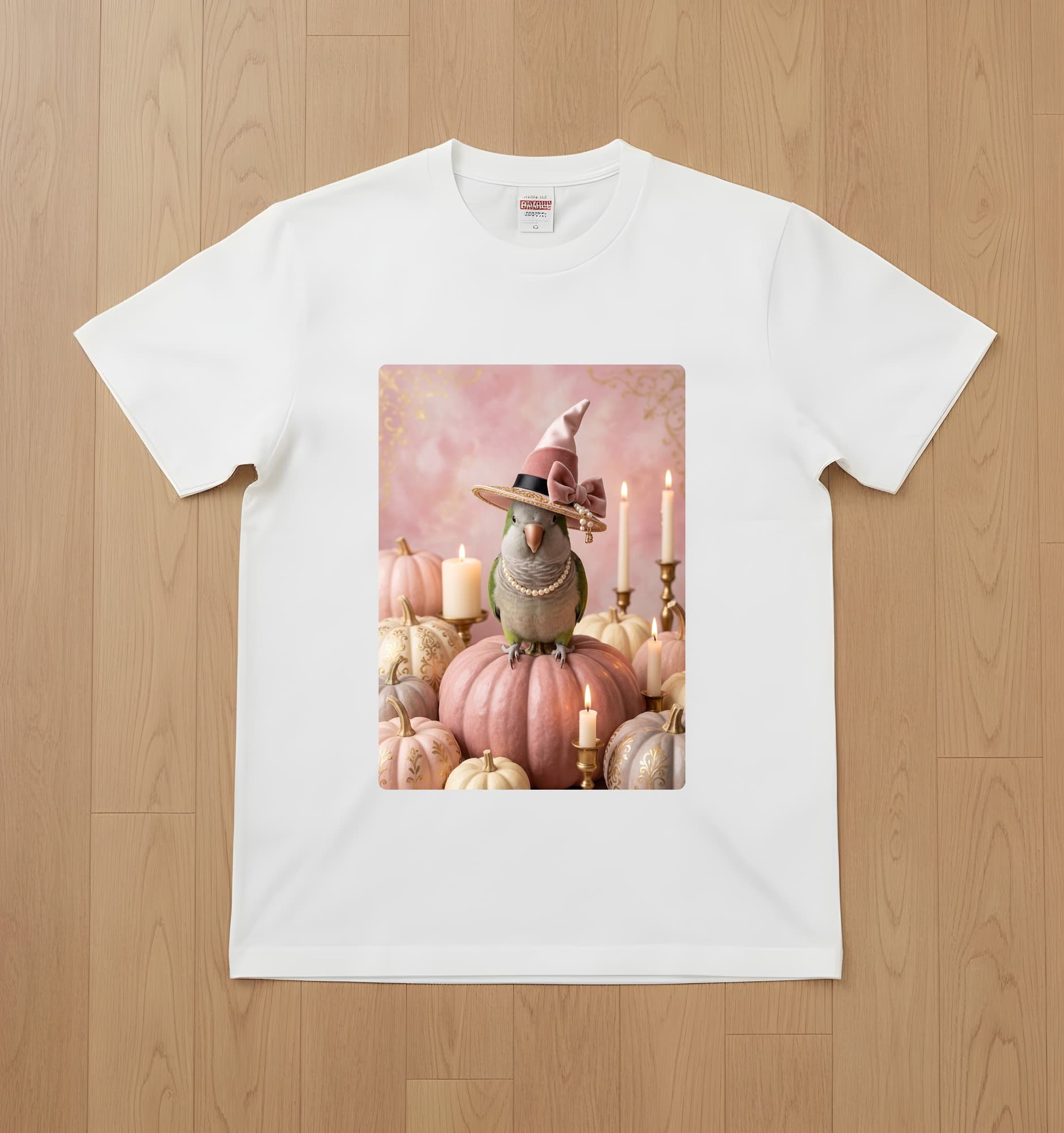 Derbyan Parakeet Pumpkin & Candlelight Oil-Painting Halloween T-Shirt (White)