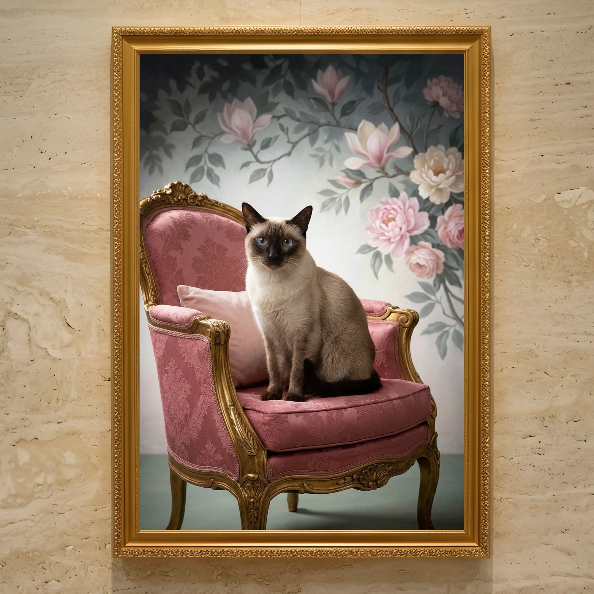 シャム猫のシャビーピンクの油絵風アートロココ調額装プリント(A3サイズ)