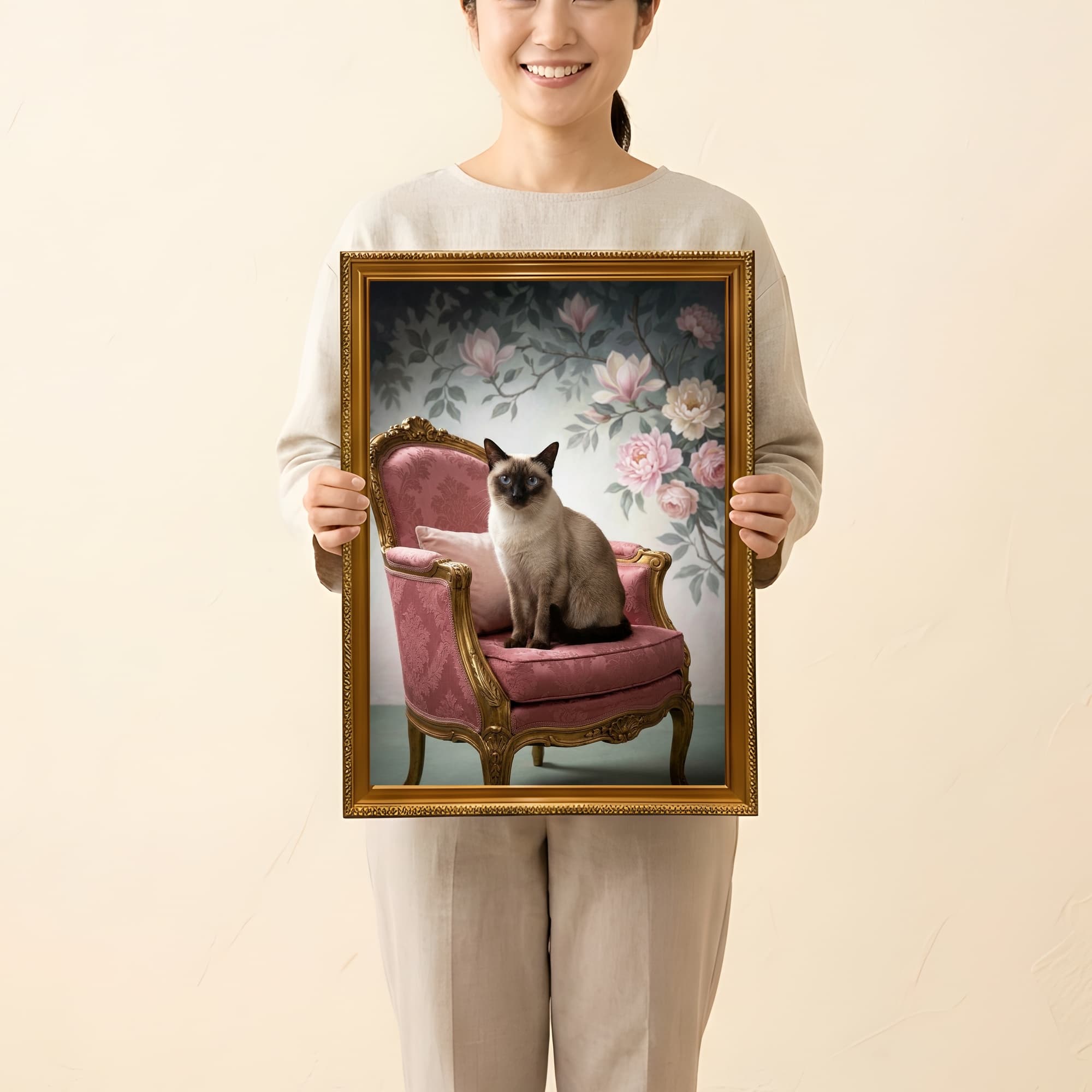 シャム猫のシャビーピンクの油絵風アートロココ調額装プリント(A3サイズ) 2