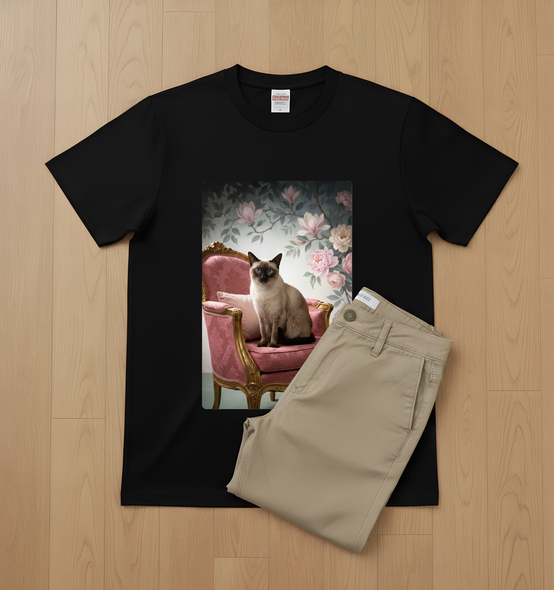 シャム猫のシャビーピンクの油絵風アートロココ調Tシャツ(ブラック) 2