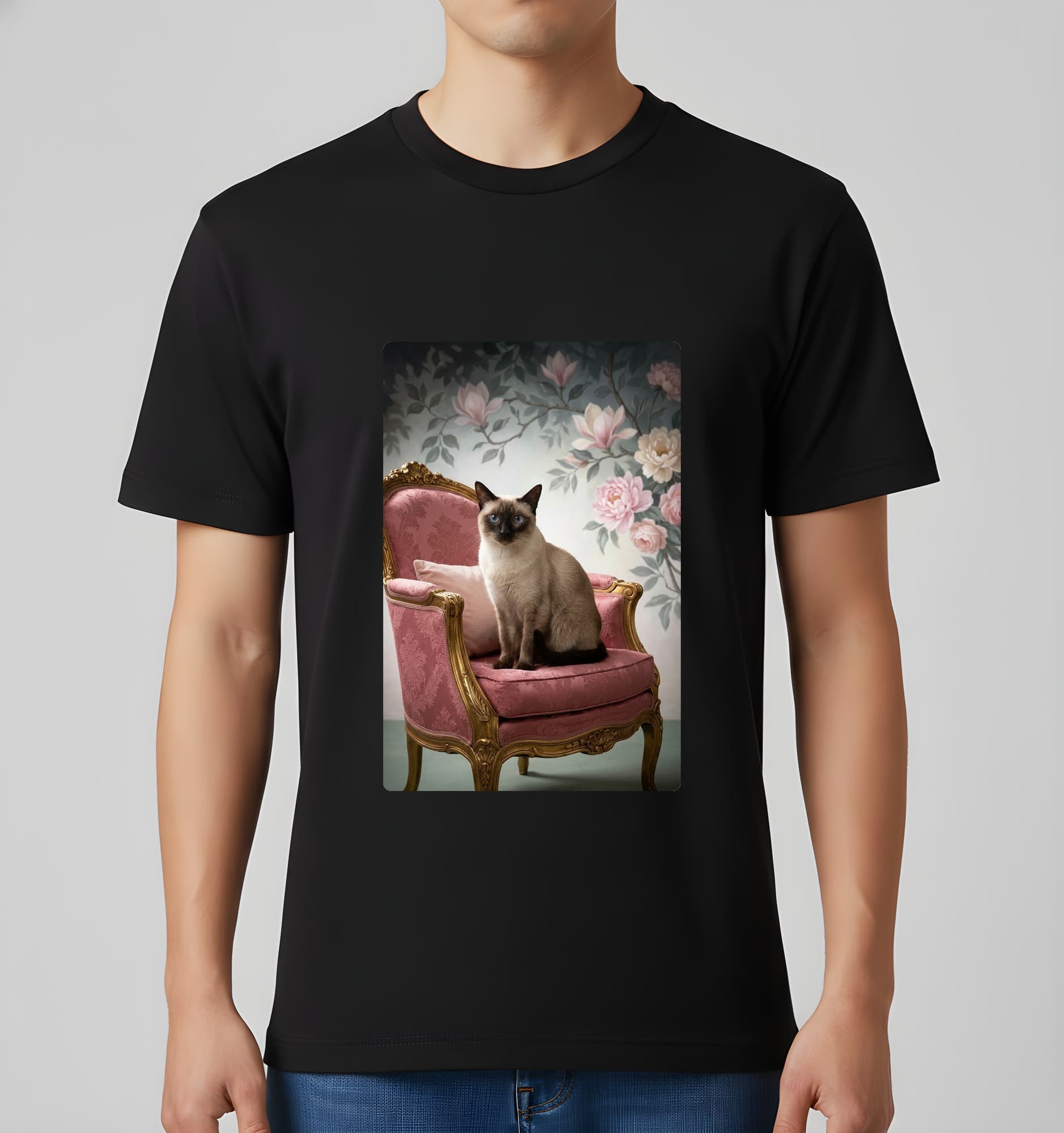 シャム猫のシャビーピンクの油絵風アートロココ調Tシャツ(ブラック) 3