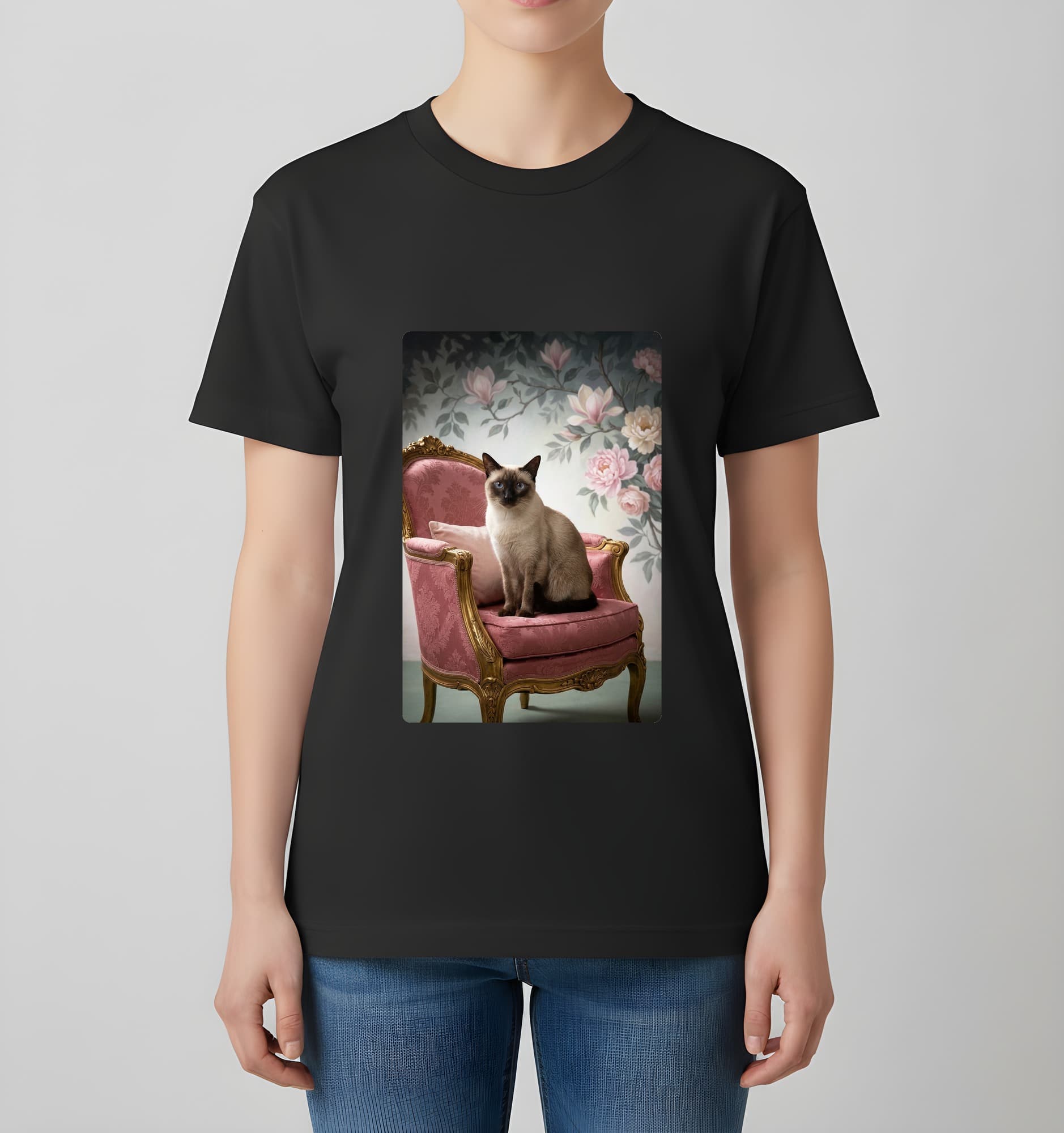 シャム猫のシャビーピンクの油絵風アートロココ調Tシャツ(ブラック) 4