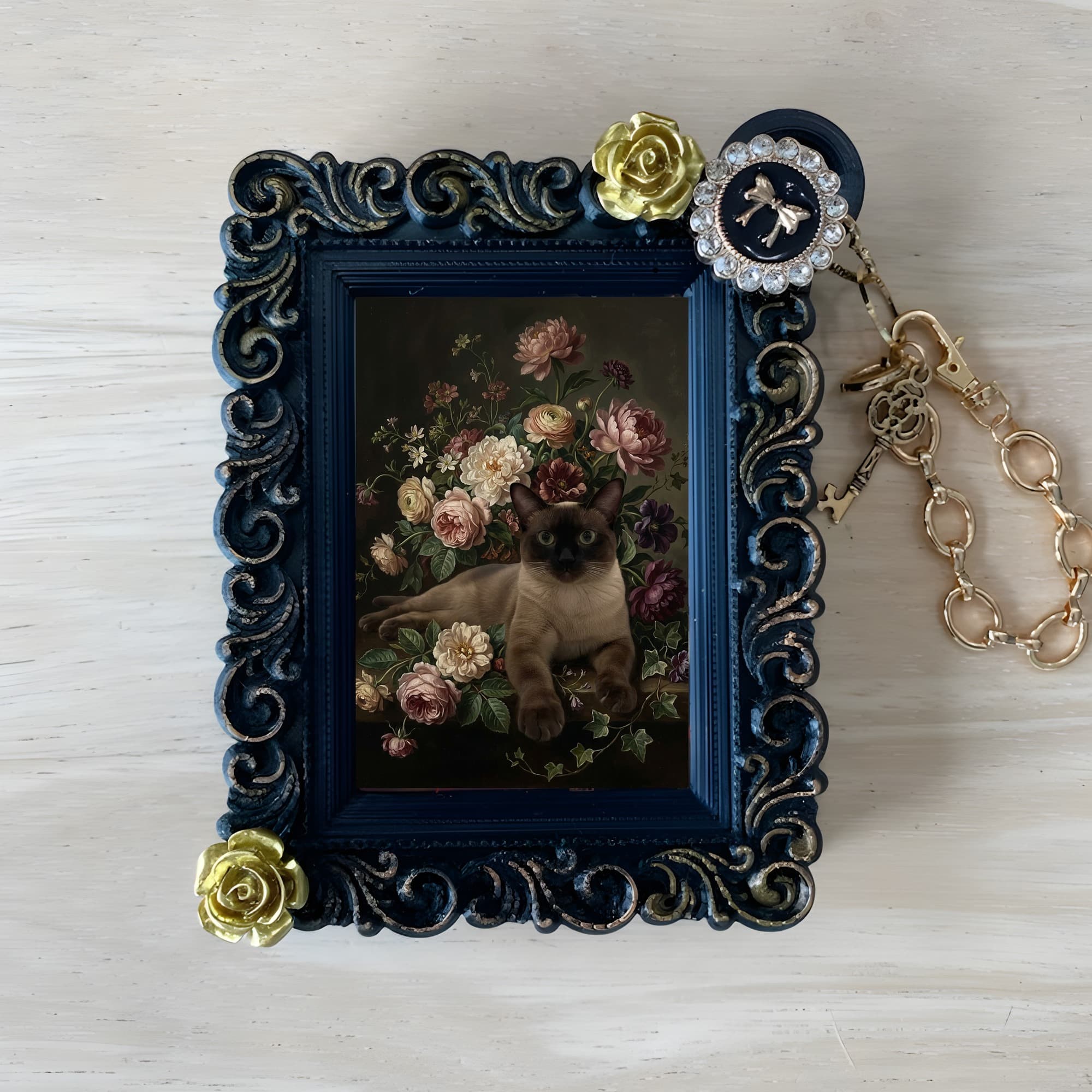 バーミーズの花の油絵風アート花柄バッグチャーム(ブラック)