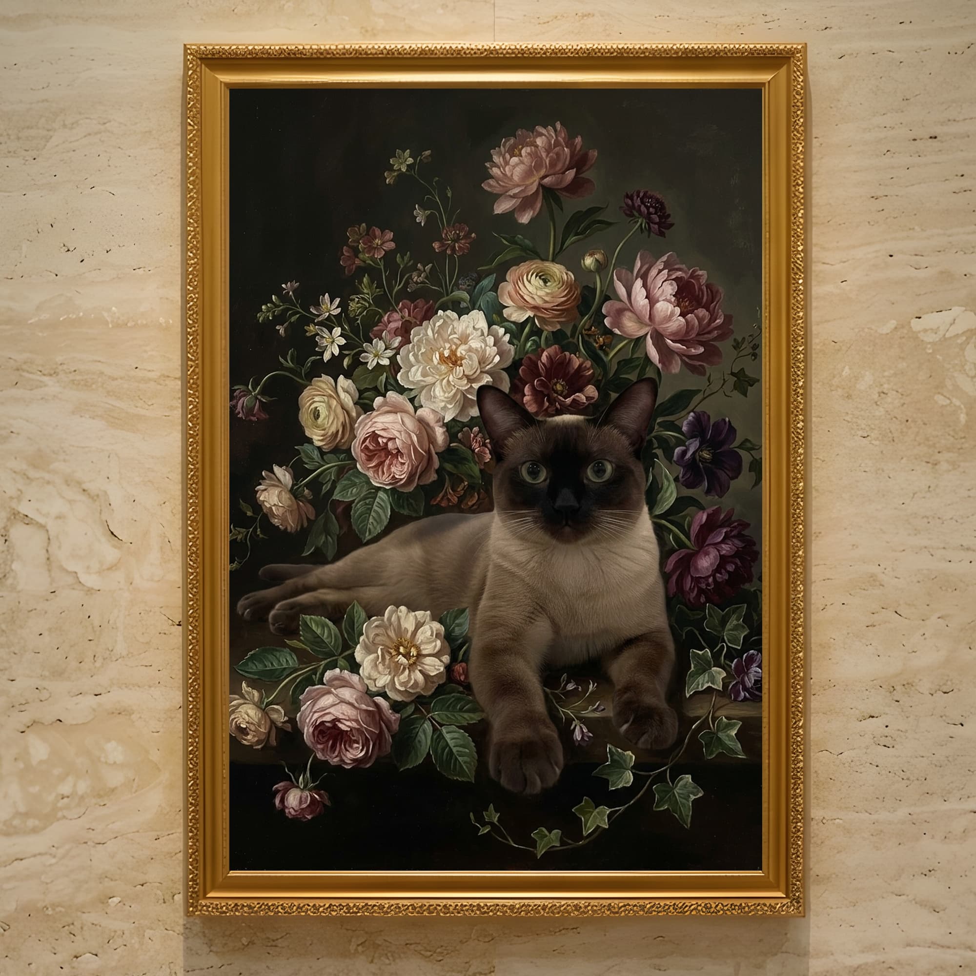 バーミーズの花の油絵風アート花柄額装プリント(A3サイズ)