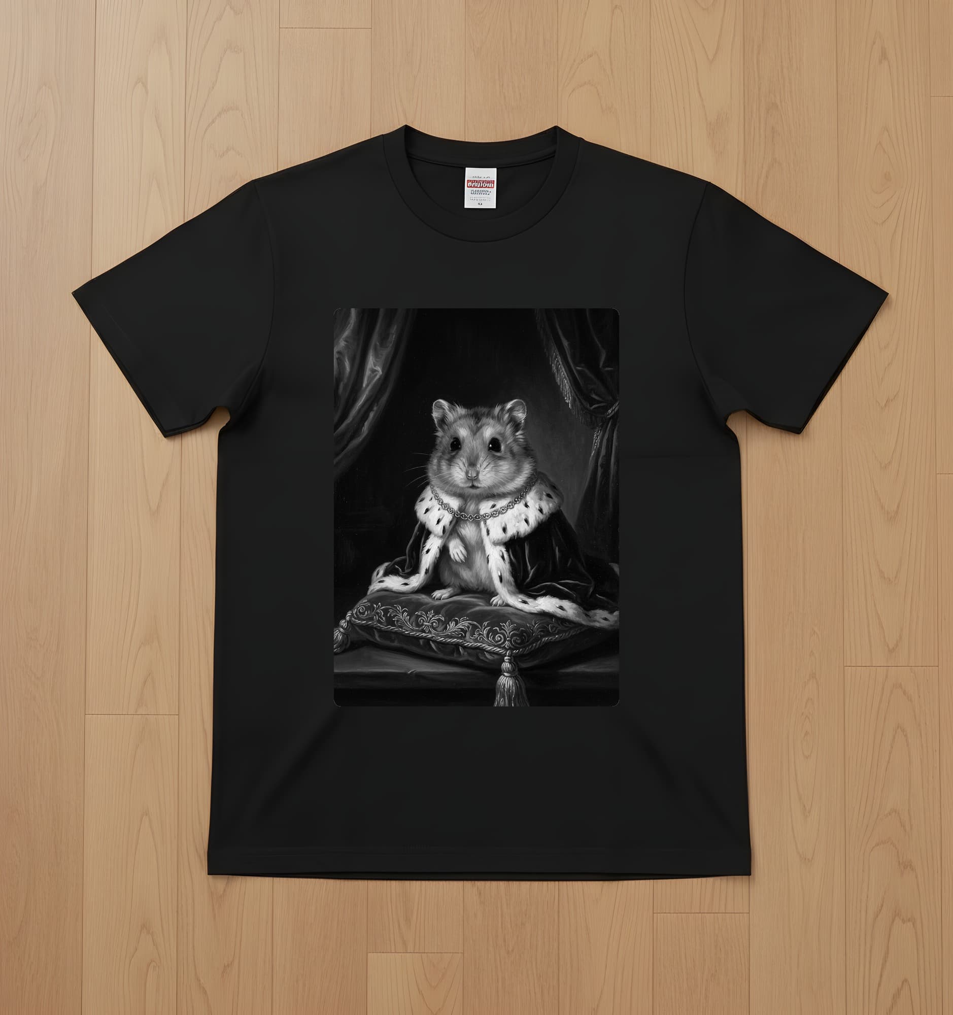 ロボロフスキーハムスターのルネサンス肖像画Tシャツ(ブラック・モノクロプリント・額縁なし)