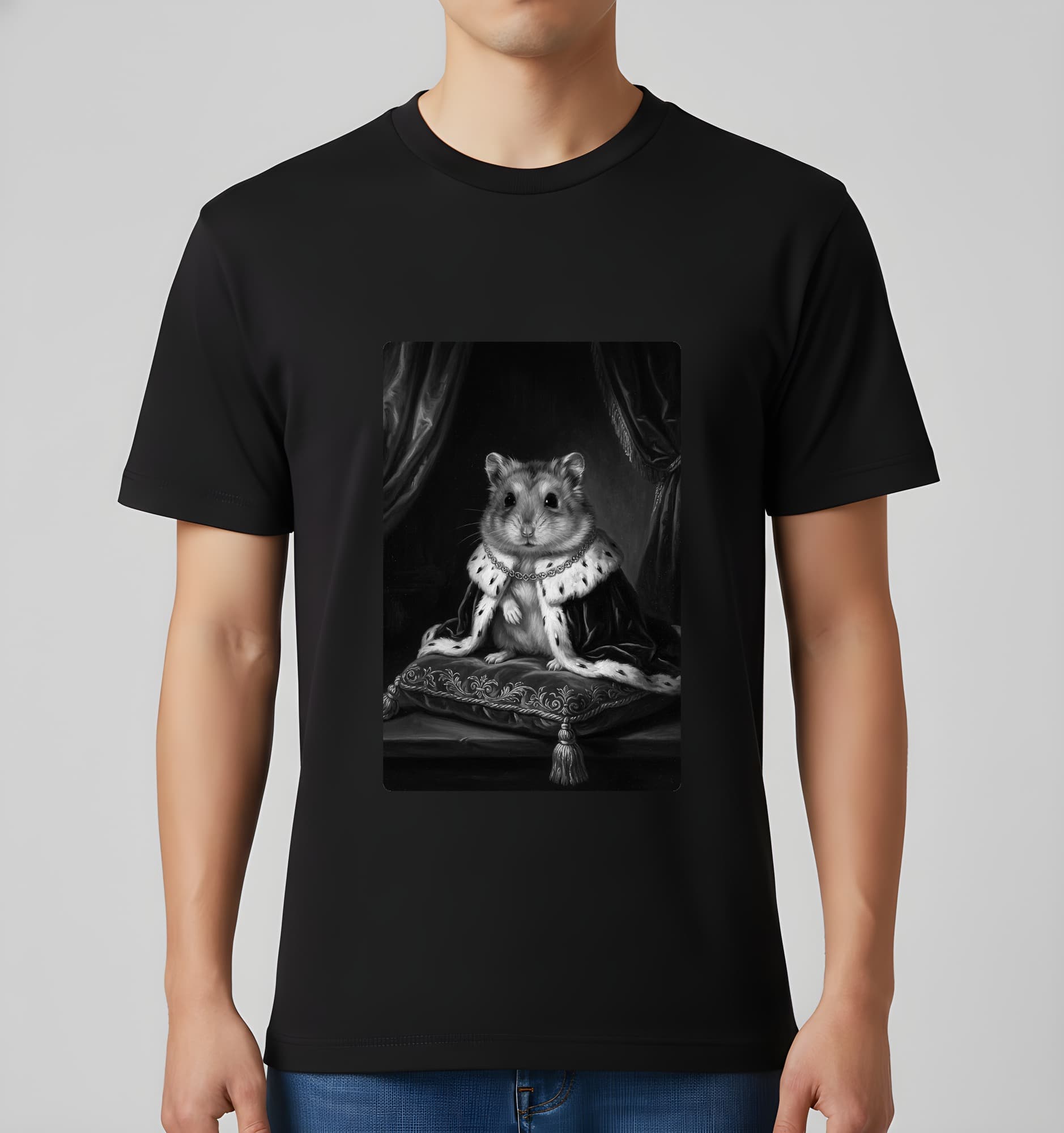 ロボロフスキーハムスターのルネサンス肖像画Tシャツ(ブラック・モノクロプリント・額縁なし) 3