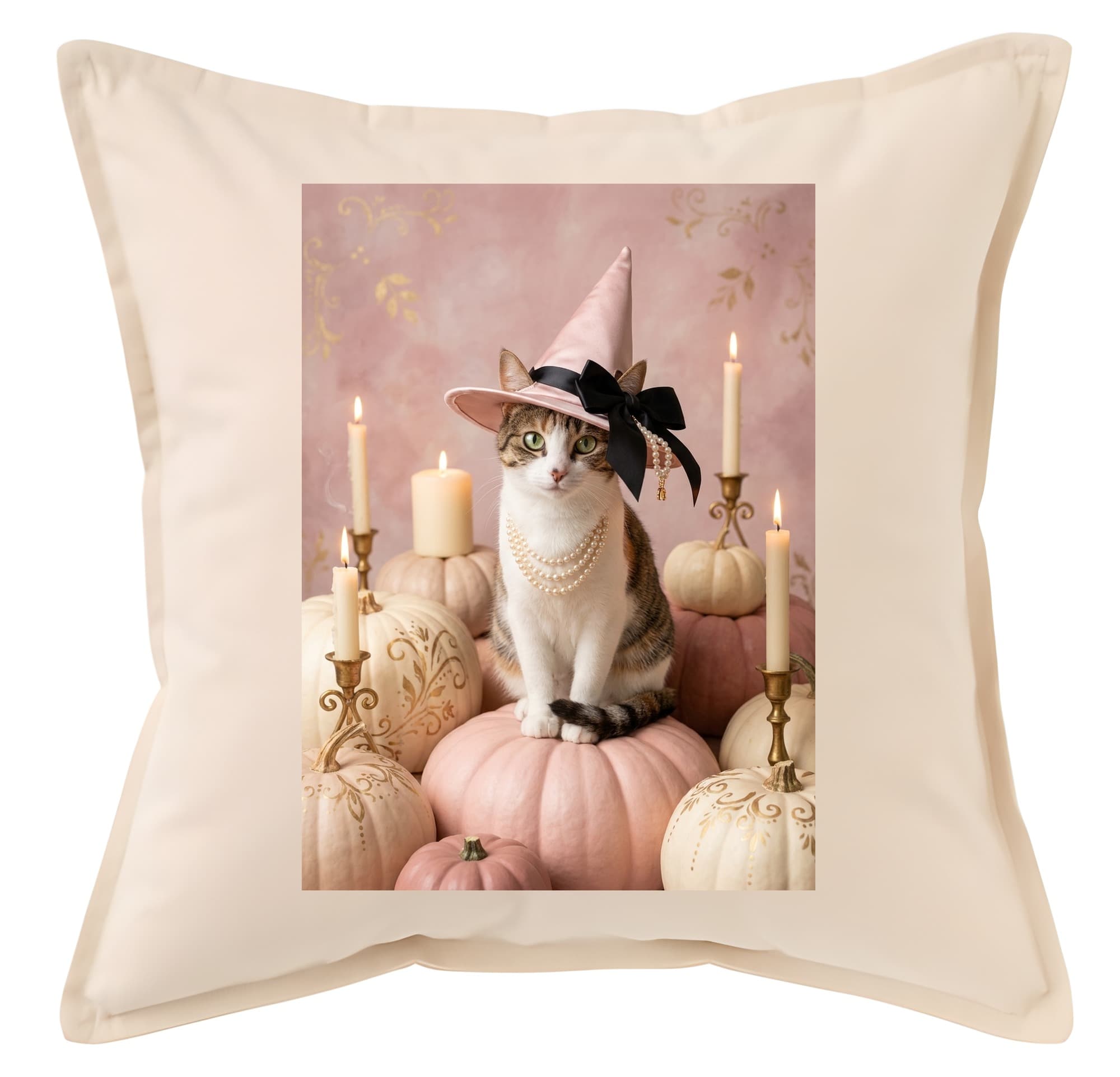 mixed breed cat Pumpkin & Candlelight Oil-Painting Halloween Cushion