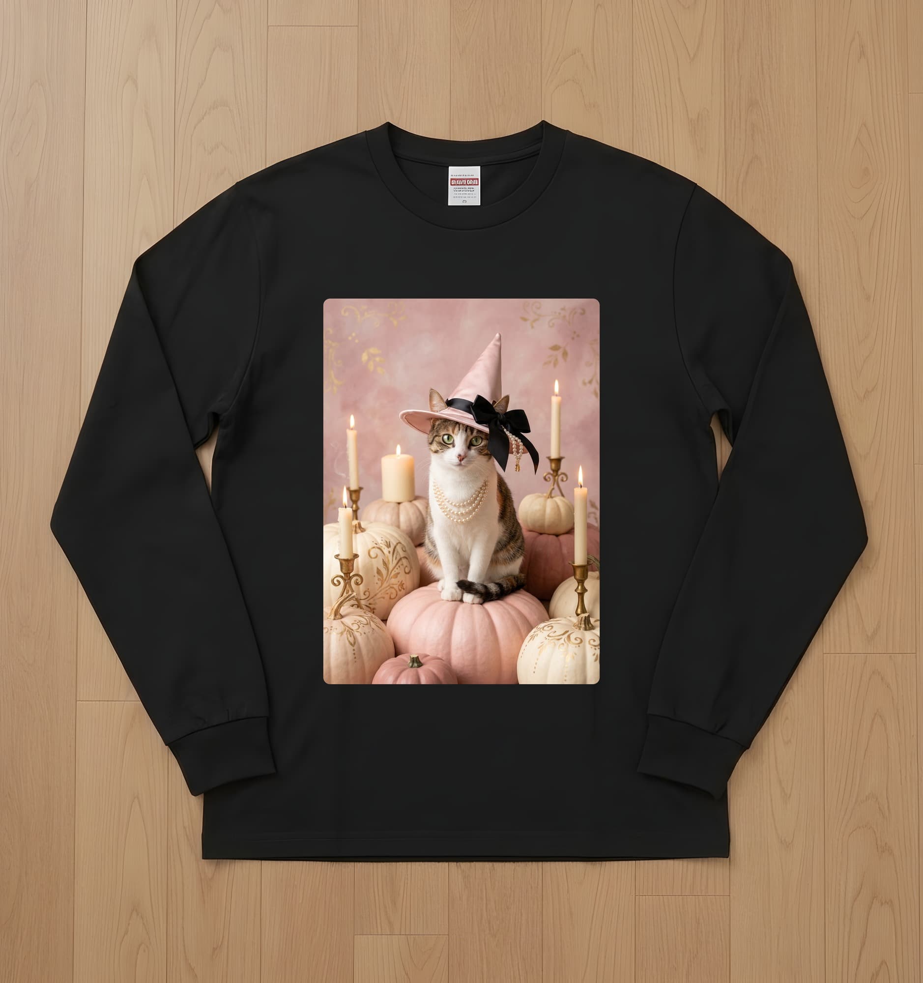 猫のかぼちゃとキャンドルの油絵風アートハロウィン長袖Tシャツ(ブラック)