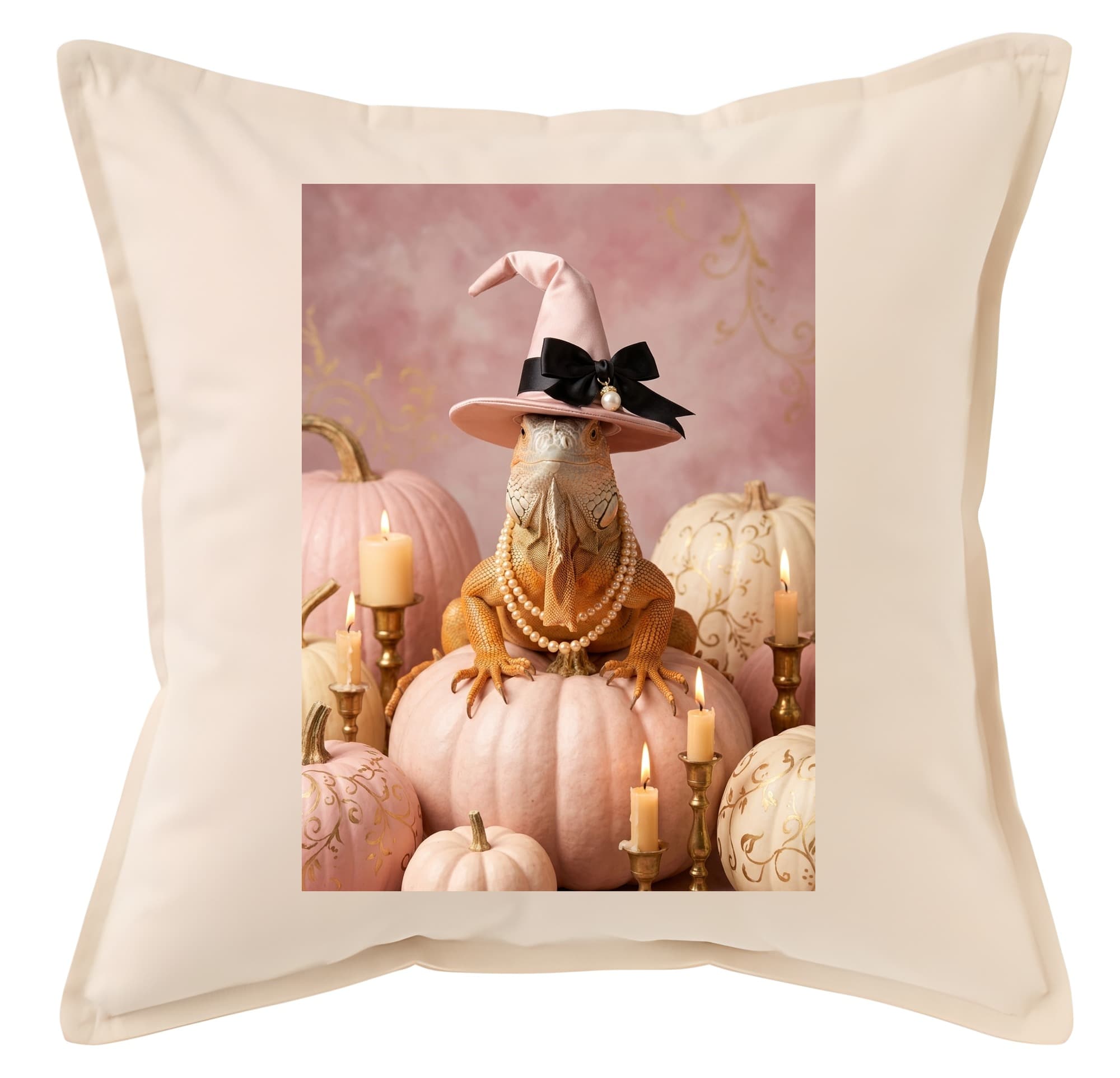 Red Iguana Pumpkin & Candlelight Oil-Painting Halloween Cushion
