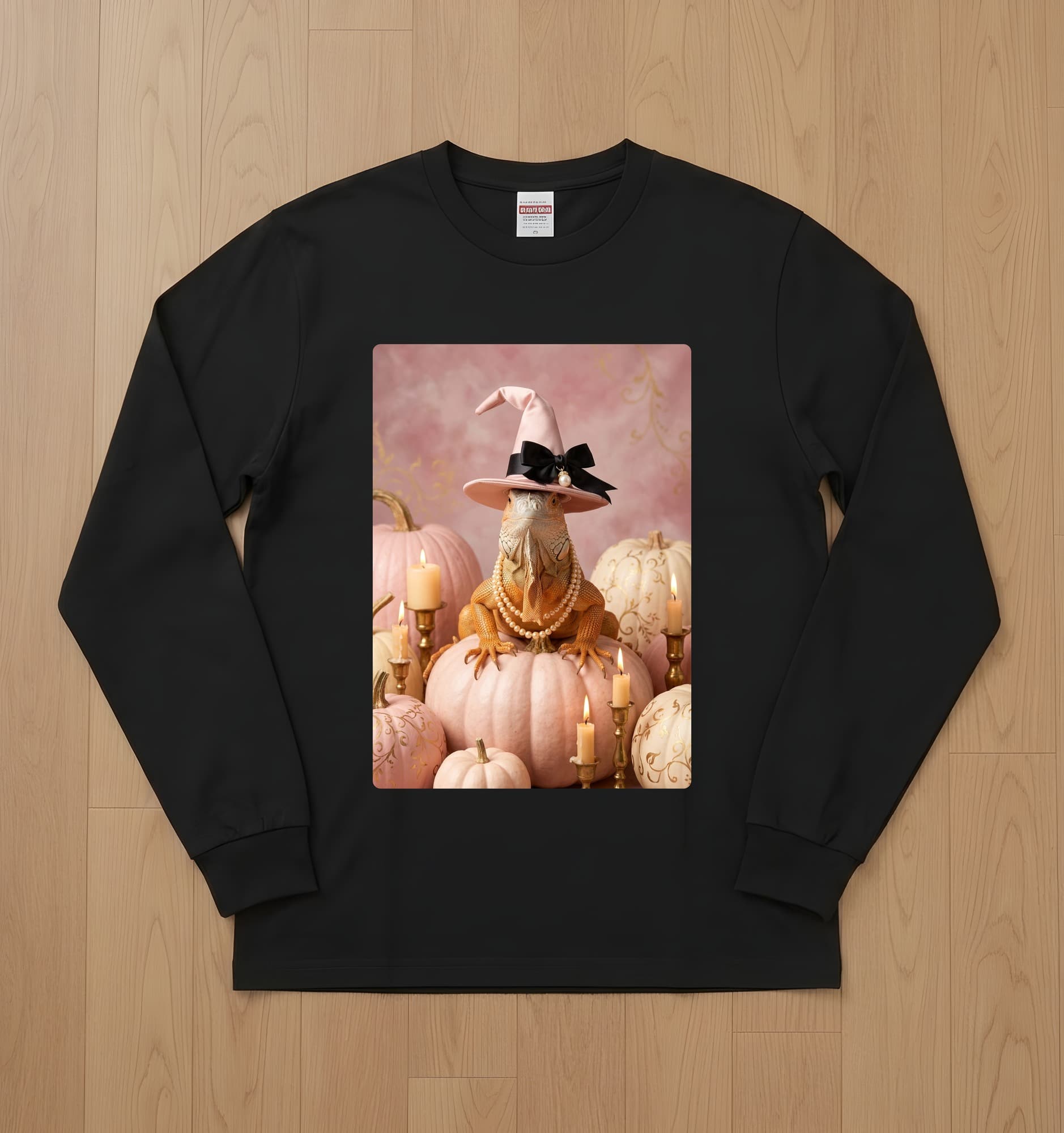 Red Iguana Pumpkin & Candlelight Oil-Painting Halloween Long Sleeve T-Shirt (Black)