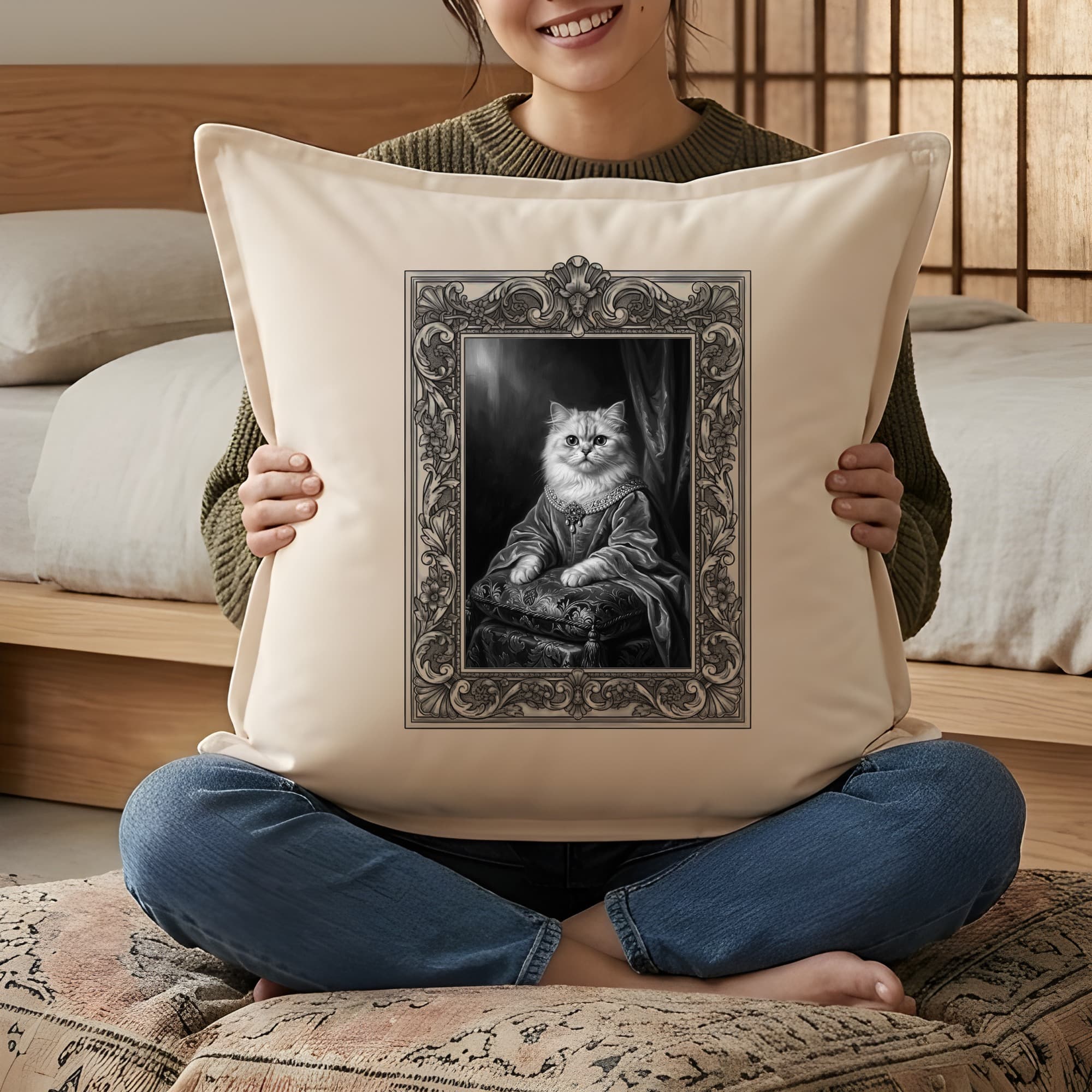 Chinchilla Persian Renaissance Portrait Throw Cushion (Framed Design) 3