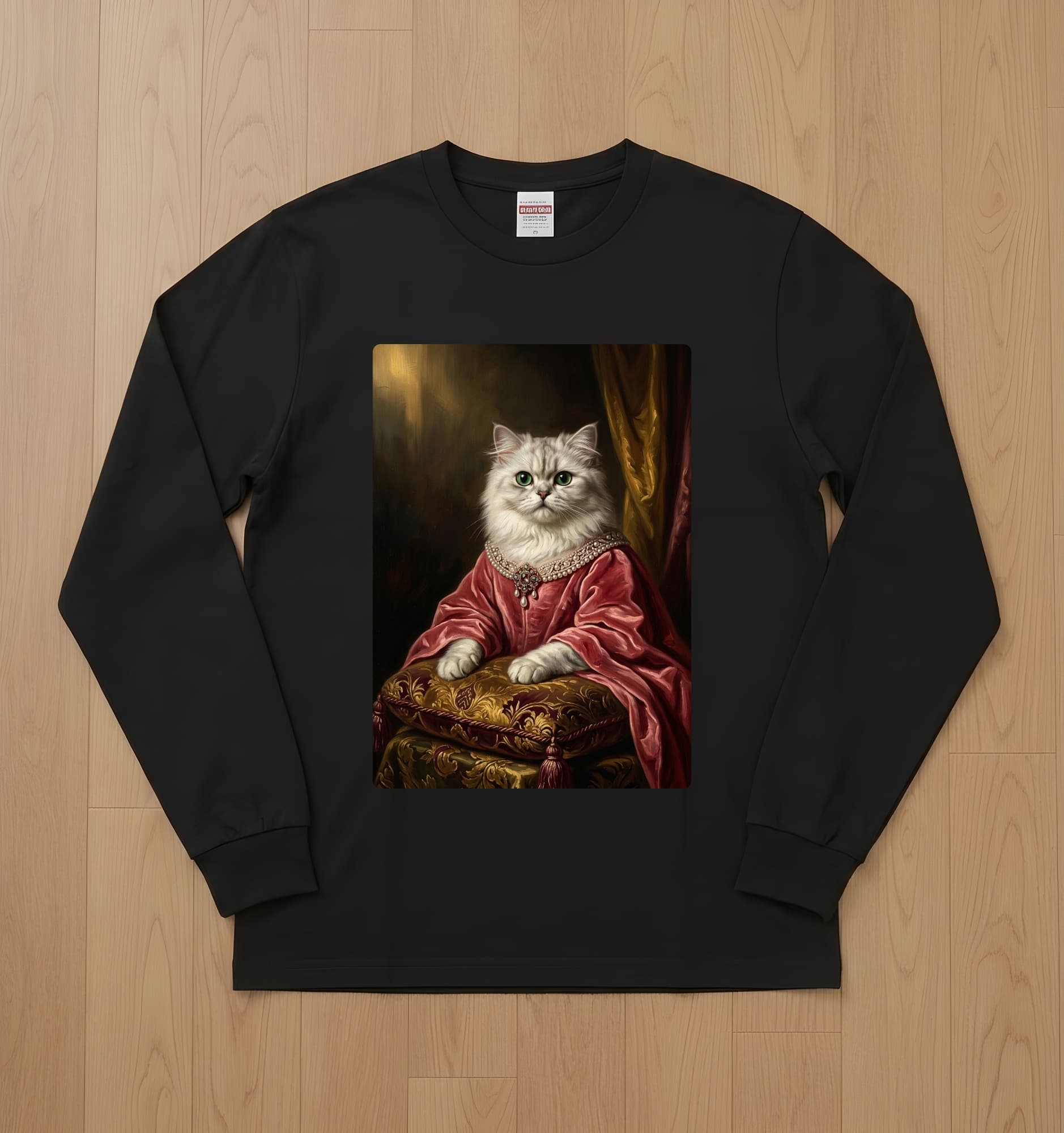 チンチラペルシャのルネサンス肖像画長袖Tシャツ(ブラック)
