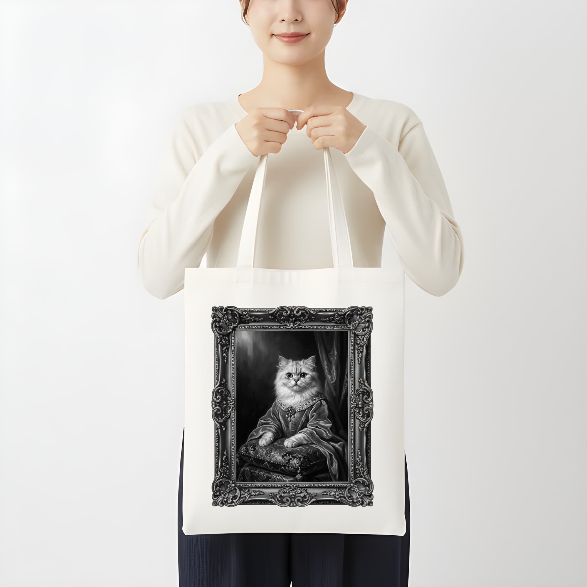 チンチラペルシャのルネサンス肖像画トートバッグ(モノクロプリント・額縁デザインあり) 3