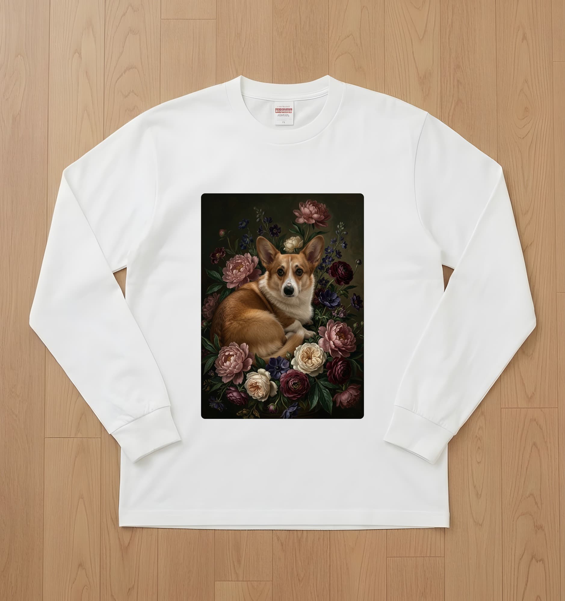 Pembroke Welsh corgi Floral Oil-Painting Floral Long Sleeve T-Shirt (White)