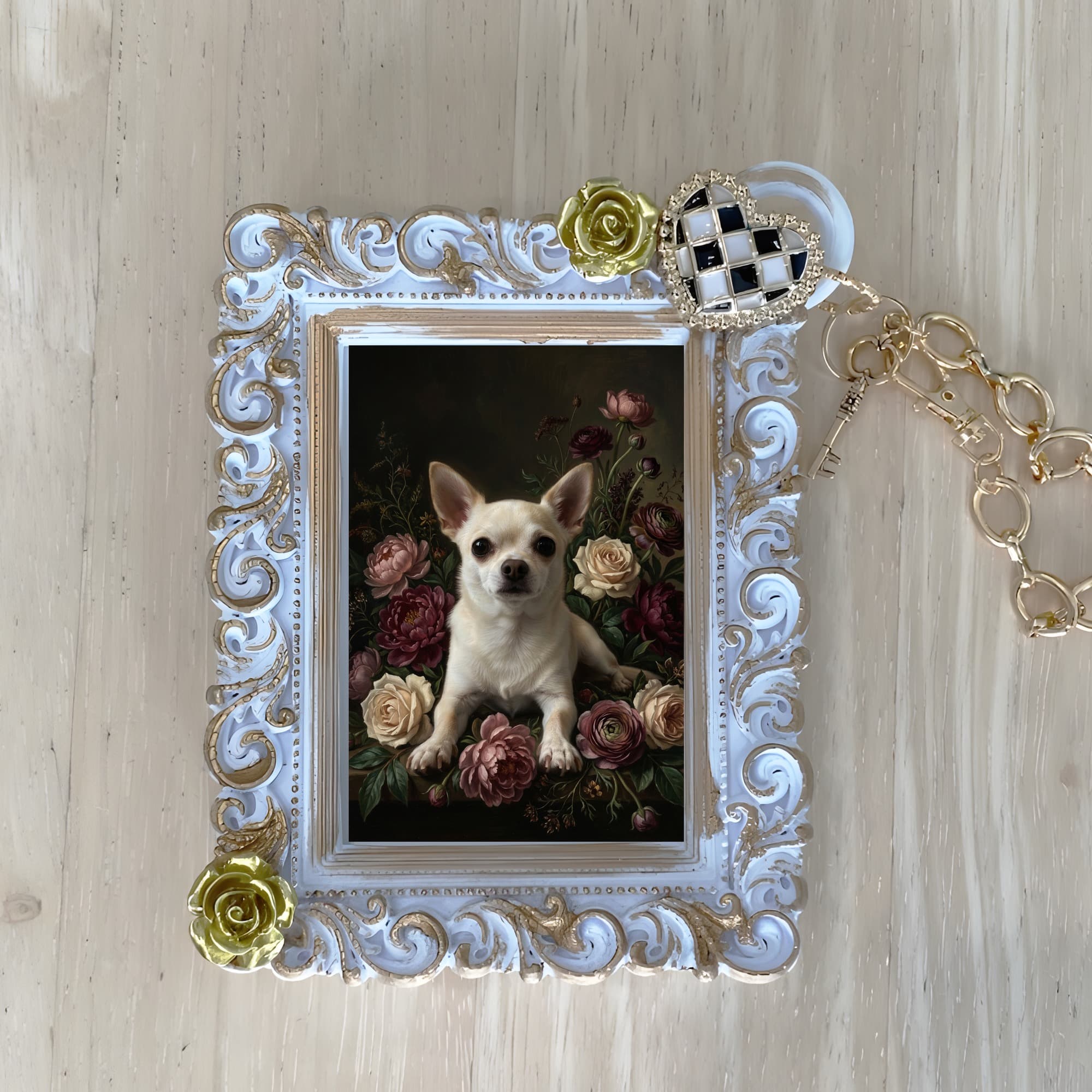 chihuahua Floral Oil-Painting Floral Bag Charm (White)
