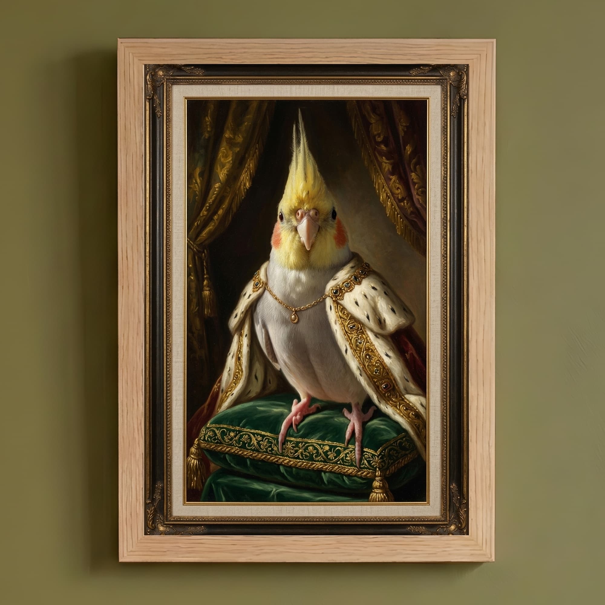 オカメインコのルネサンス肖像画額装プリント(A4サイズ)