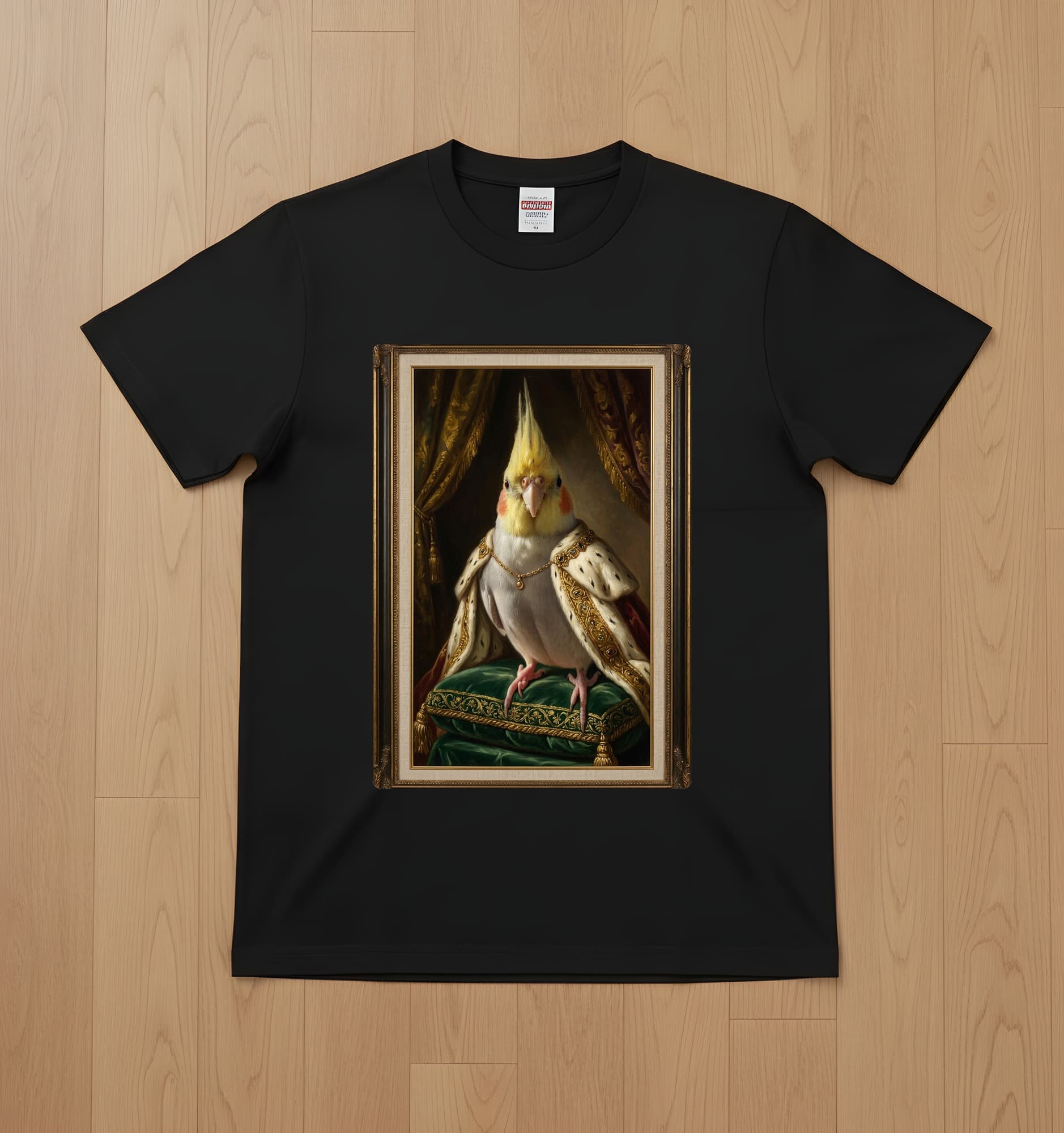 オカメインコのルネサンス肖像画Tシャツ(ブラック・カラープリント・額縁なし)