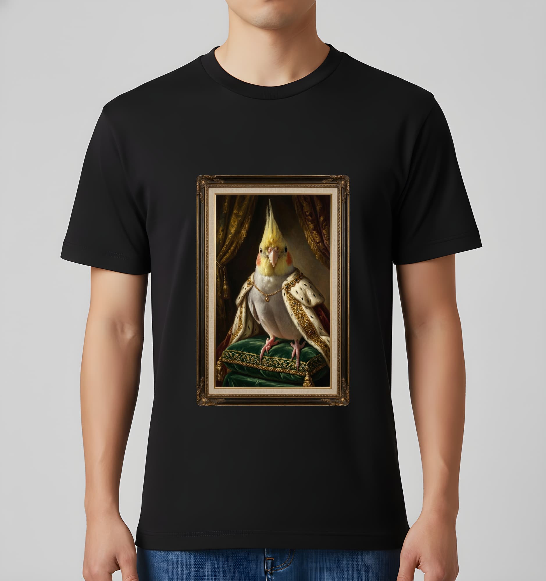 オカメインコのルネサンス肖像画Tシャツ(ブラック・カラープリント・額縁なし) 3