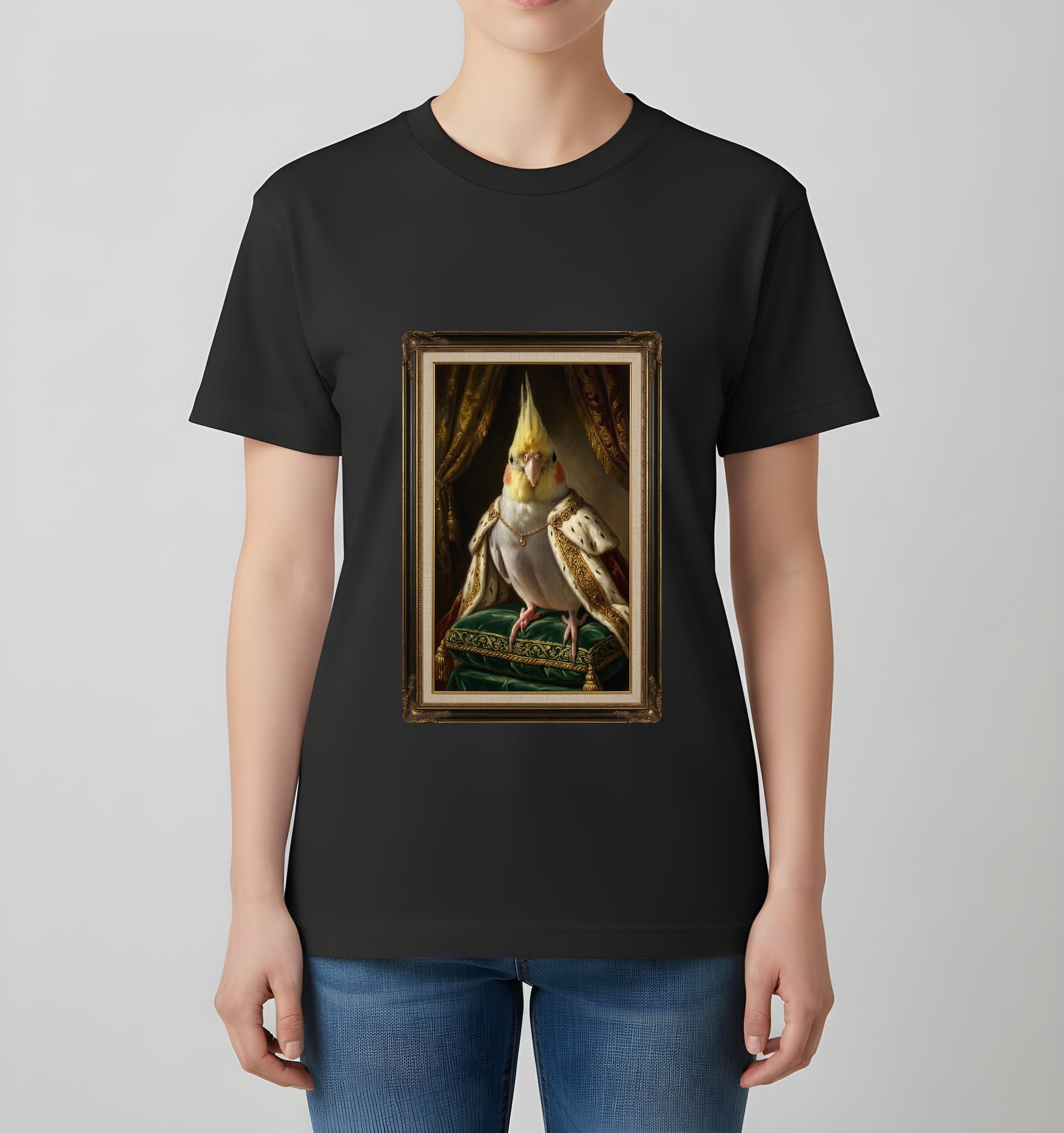 オカメインコのルネサンス肖像画Tシャツ(ブラック・カラープリント・額縁なし) 4