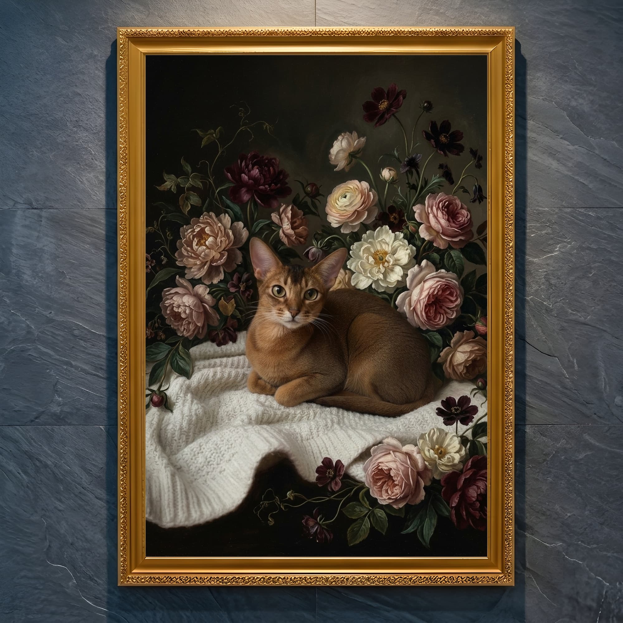 アビシニアンの花の油絵風アート花柄額装プリント(A4金縁)