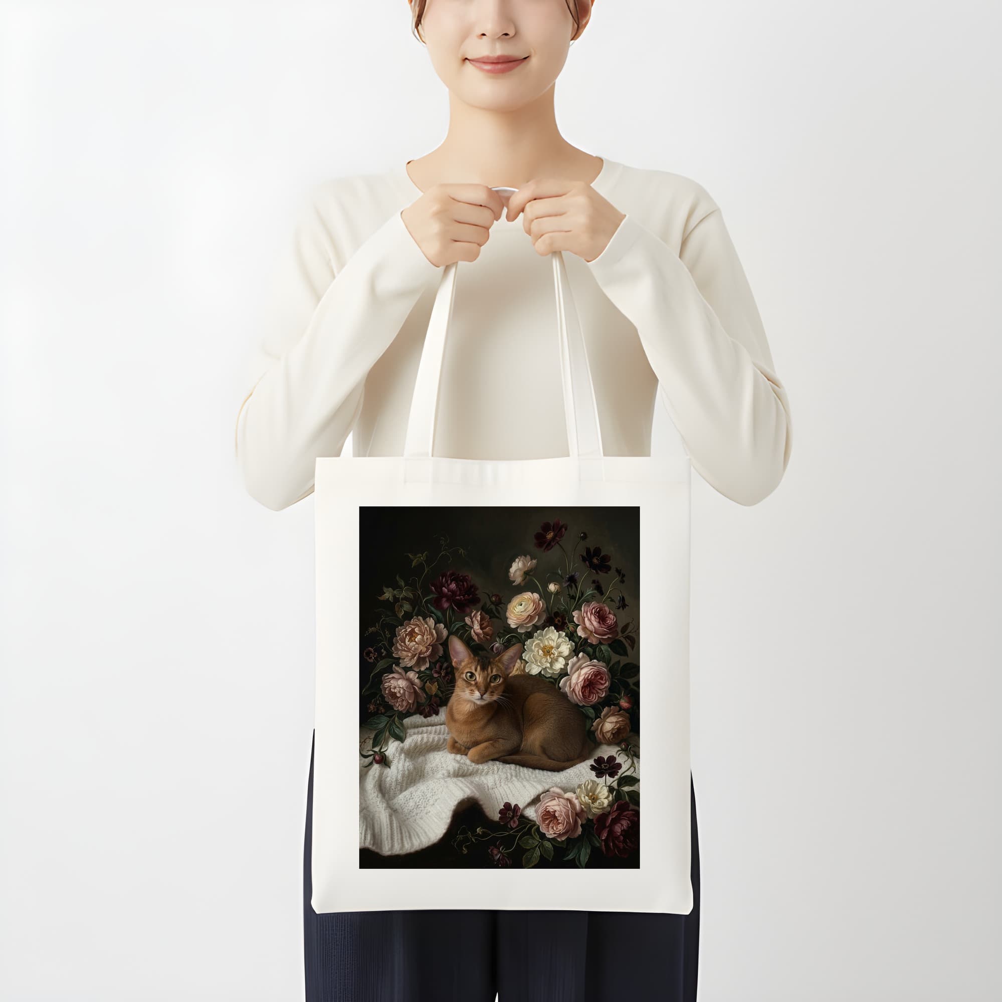アビシニアンの花の油絵風アート花柄トートバッグ 3