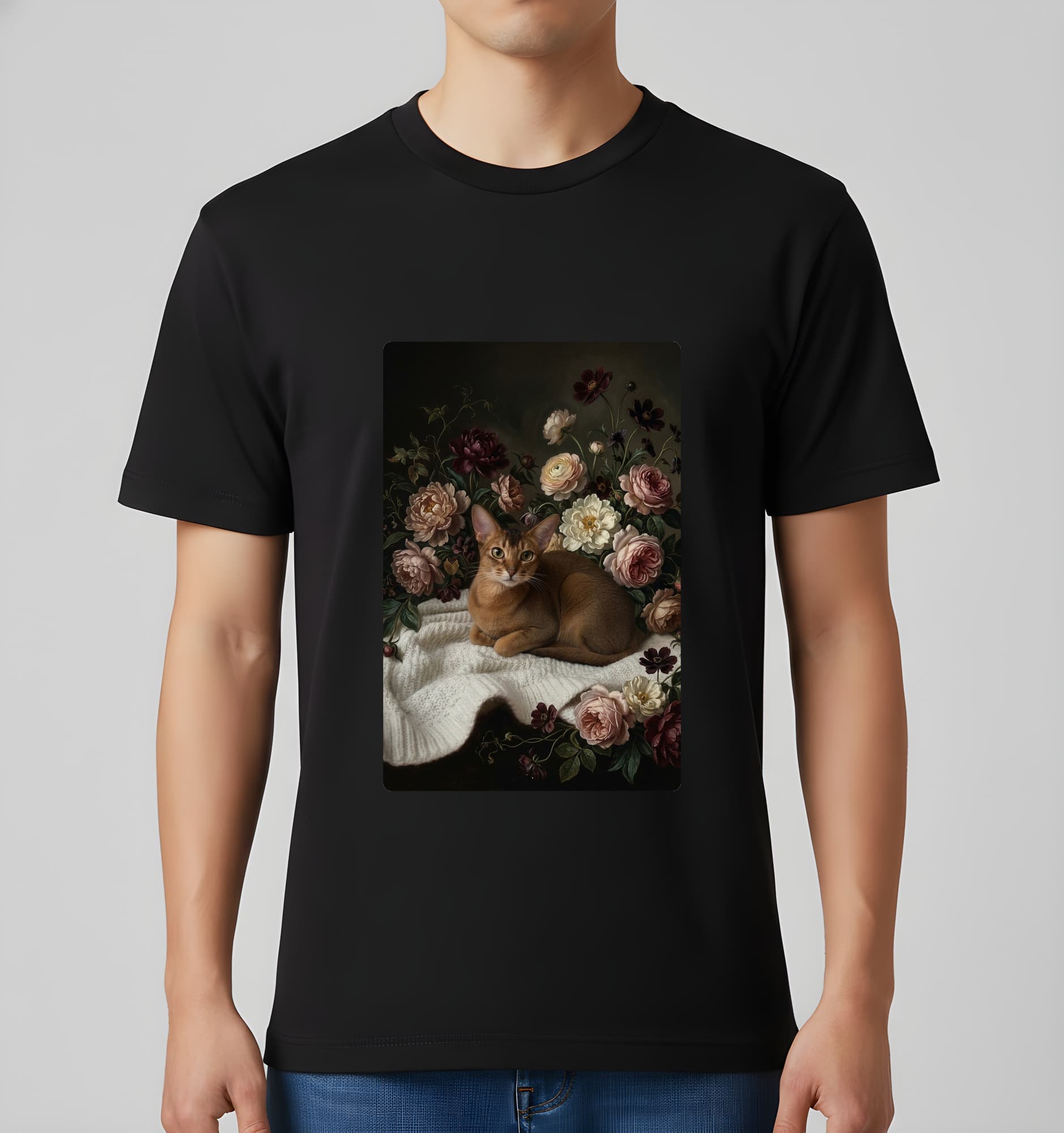 アビシニアンの花の油絵風アート花柄Tシャツ(ブラック) 3