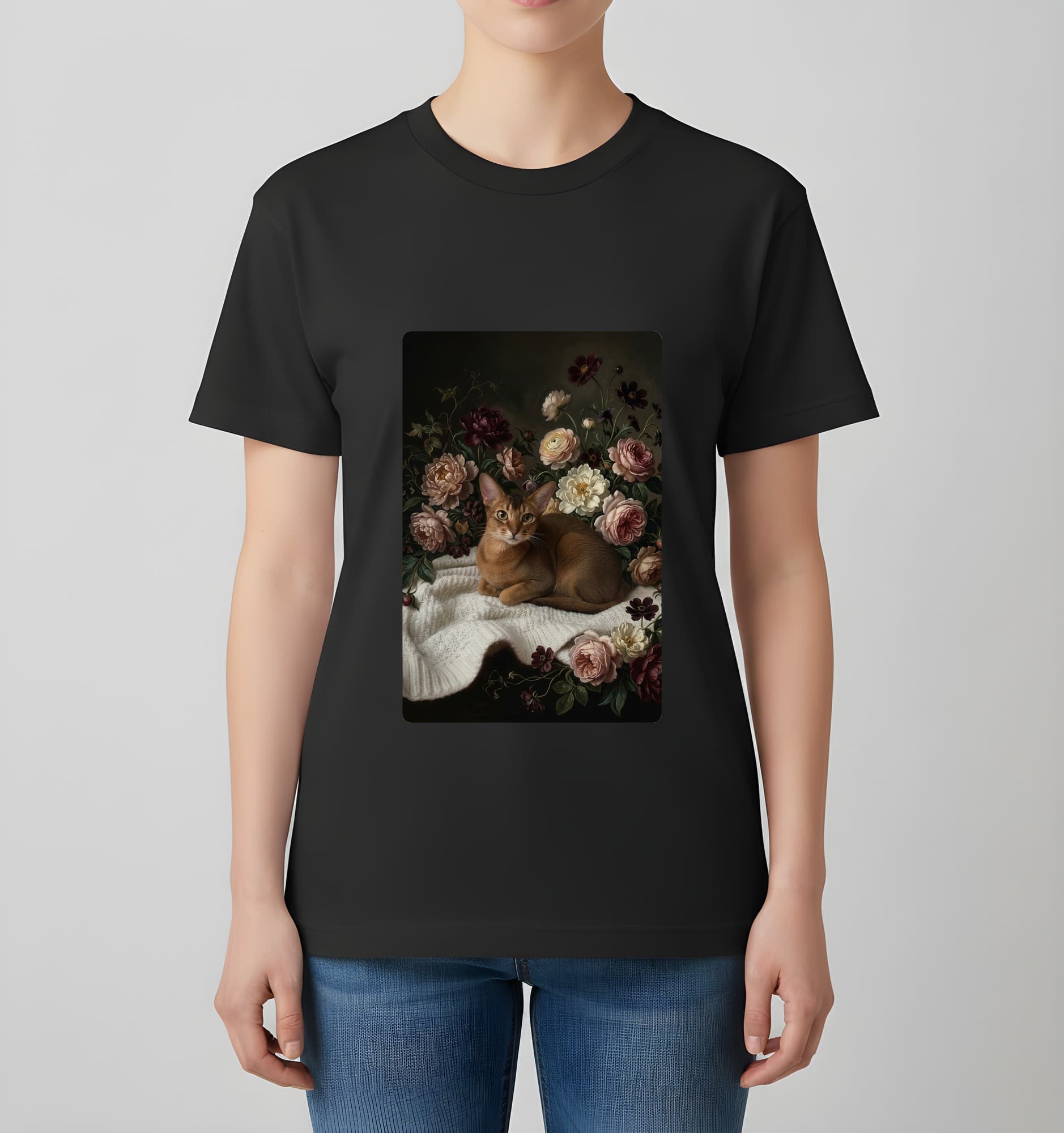 アビシニアンの花の油絵風アート花柄Tシャツ(ブラック) 4