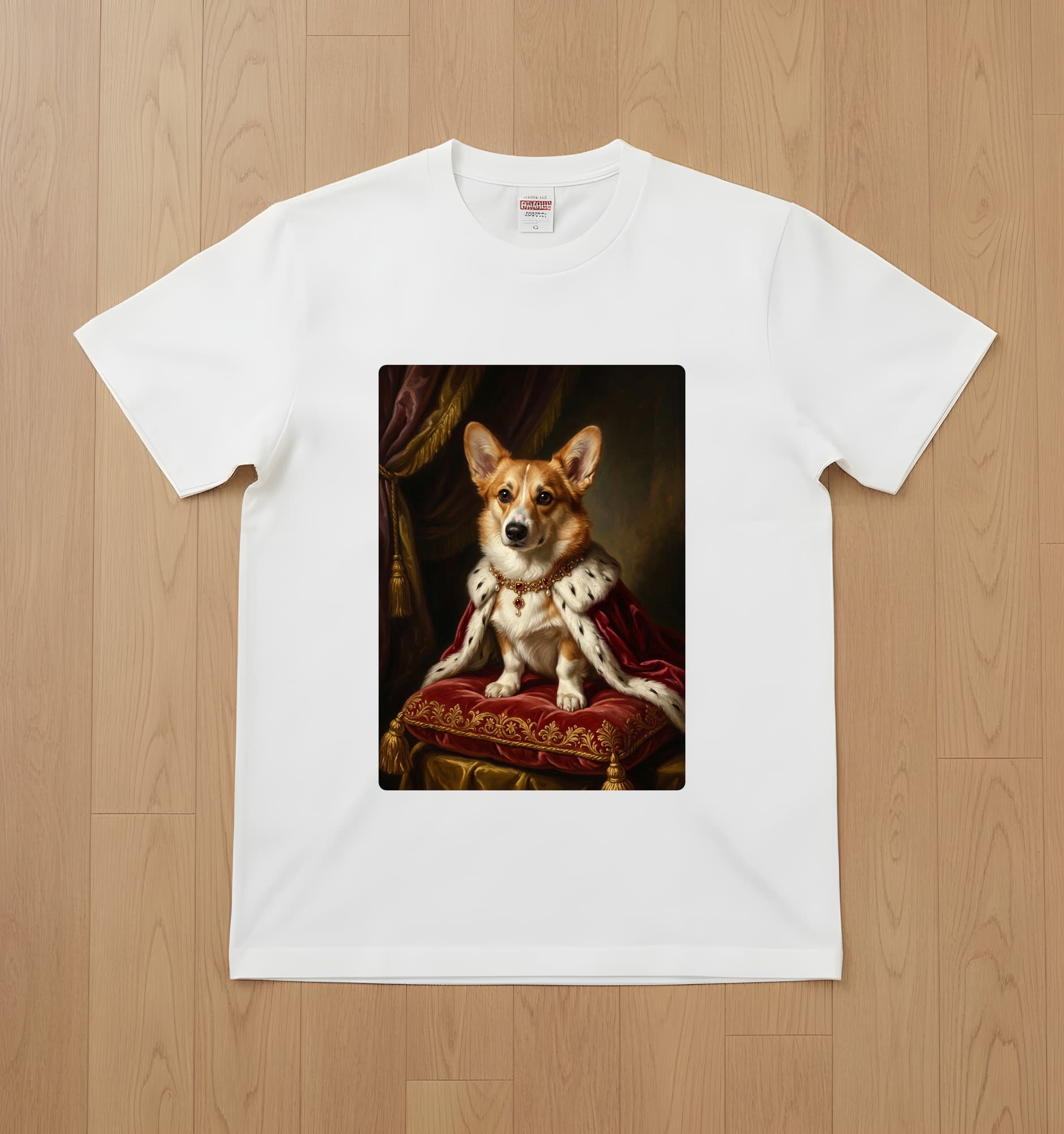 コーギーのルネサンス肖像画Tシャツ(ホワイト・カラープリント・額縁なし)