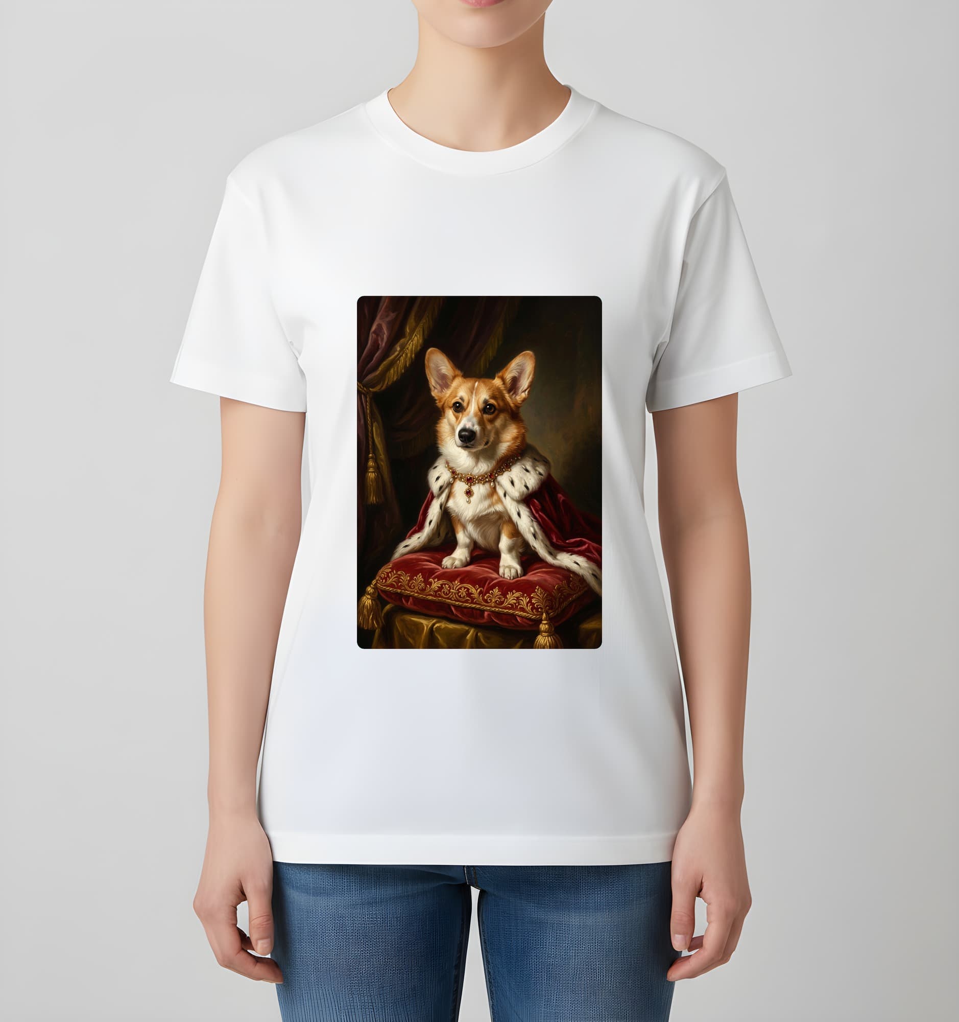 コーギーのルネサンス肖像画Tシャツ(ホワイト・カラープリント・額縁なし) 4
