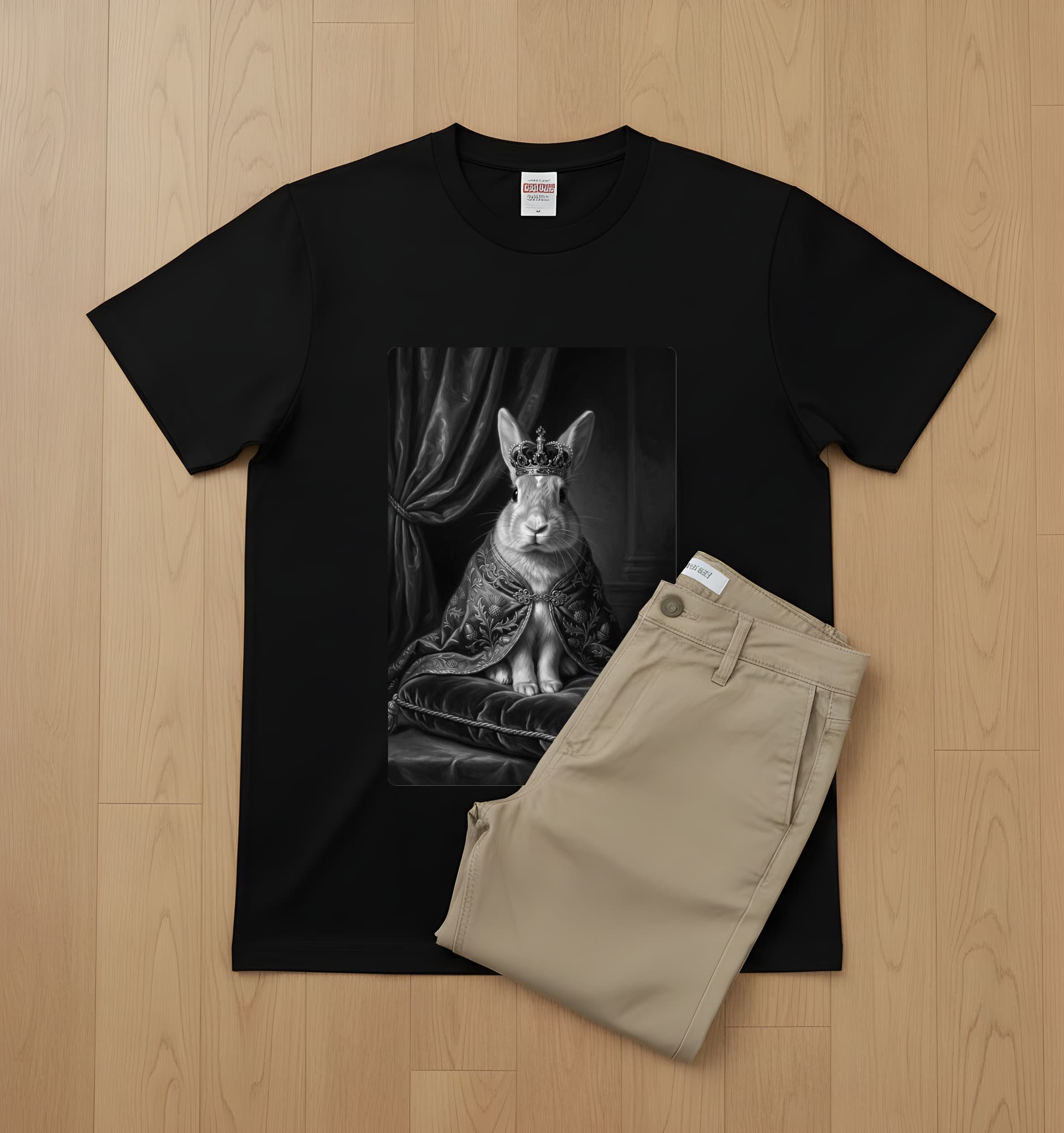 Palomino rabbit Renaissance Portrait T-Shirt (Black, Monochrome Print, No Frame) 2