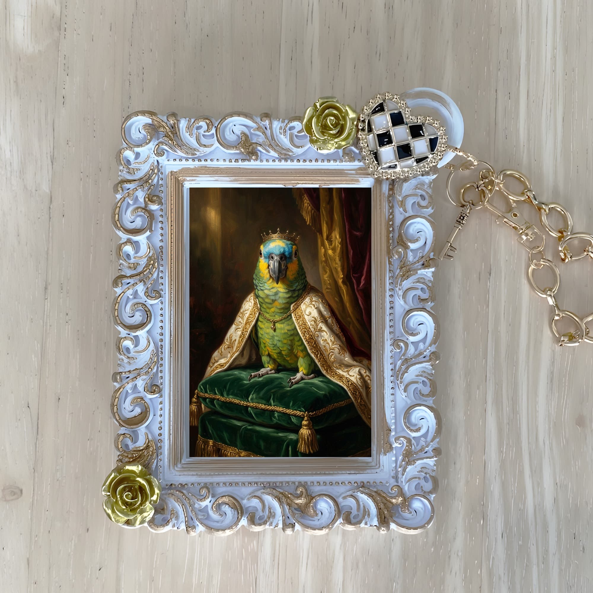 アオボウシインコのルネサンス肖像画バッグチャーム(ホワイト)