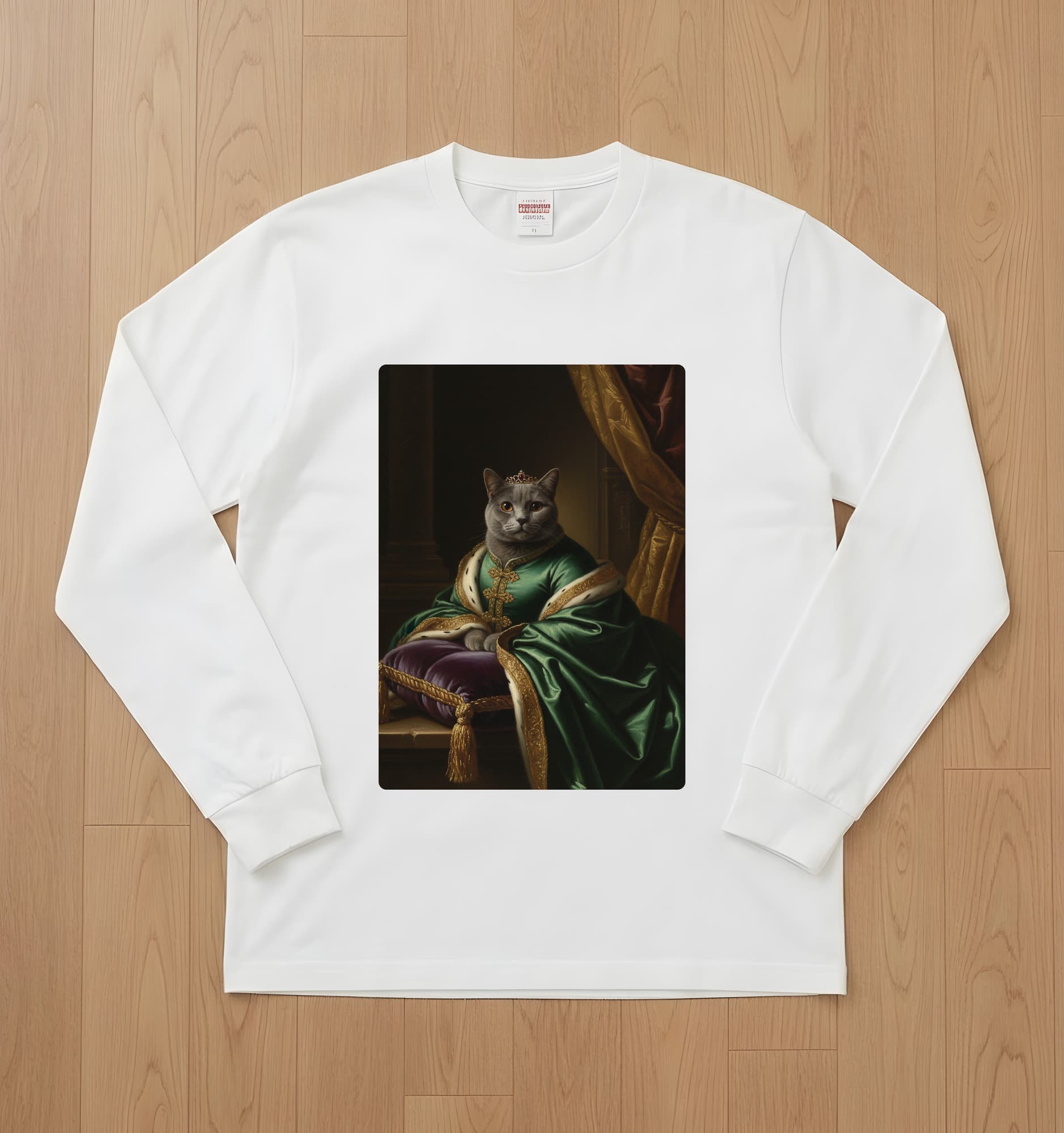 ブリティッシュショートヘアのルネサンス肖像画長袖Tシャツ(ホワイト)