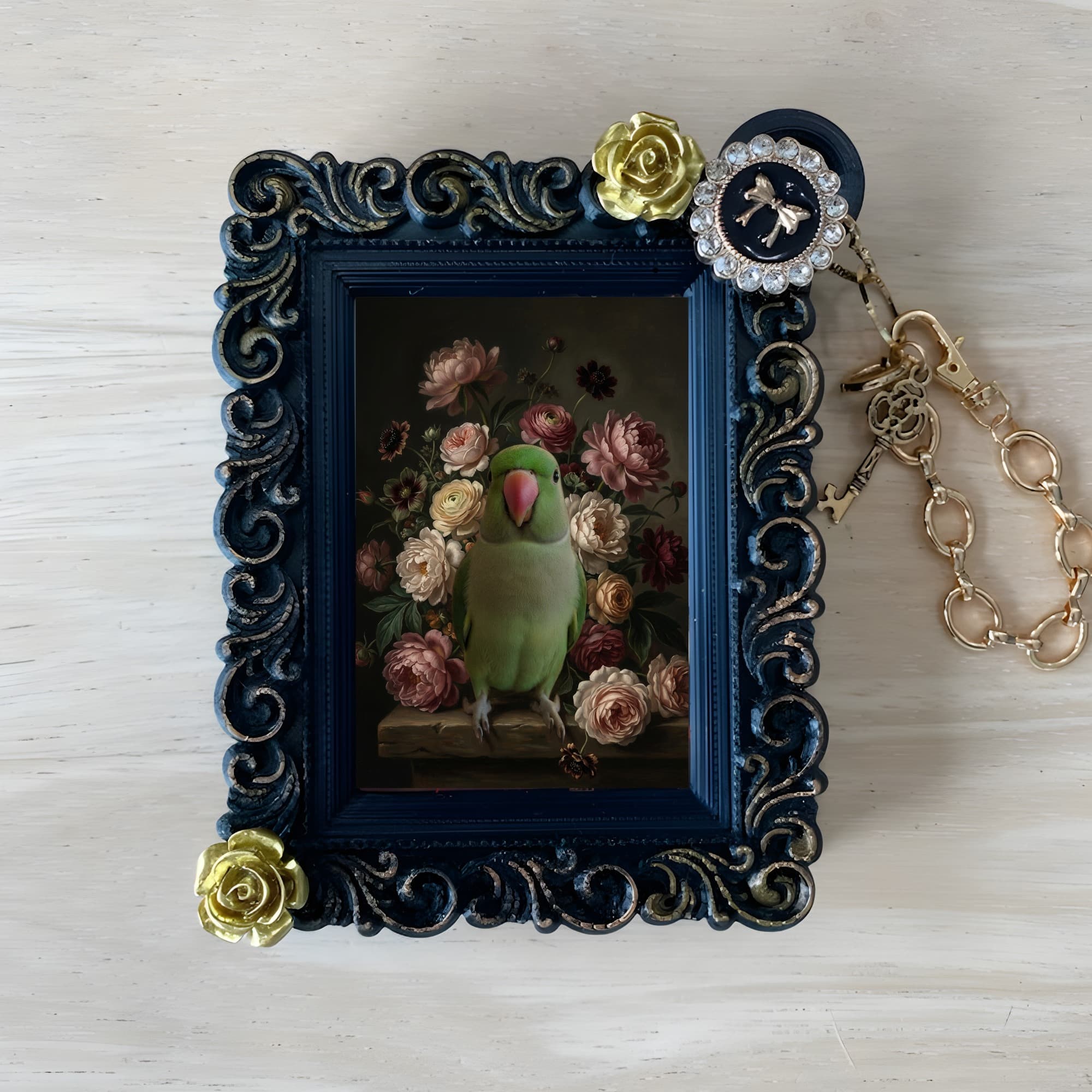 Rose-ringed Parakeet Floral Oil-Painting Floral Bag Charm (Black)