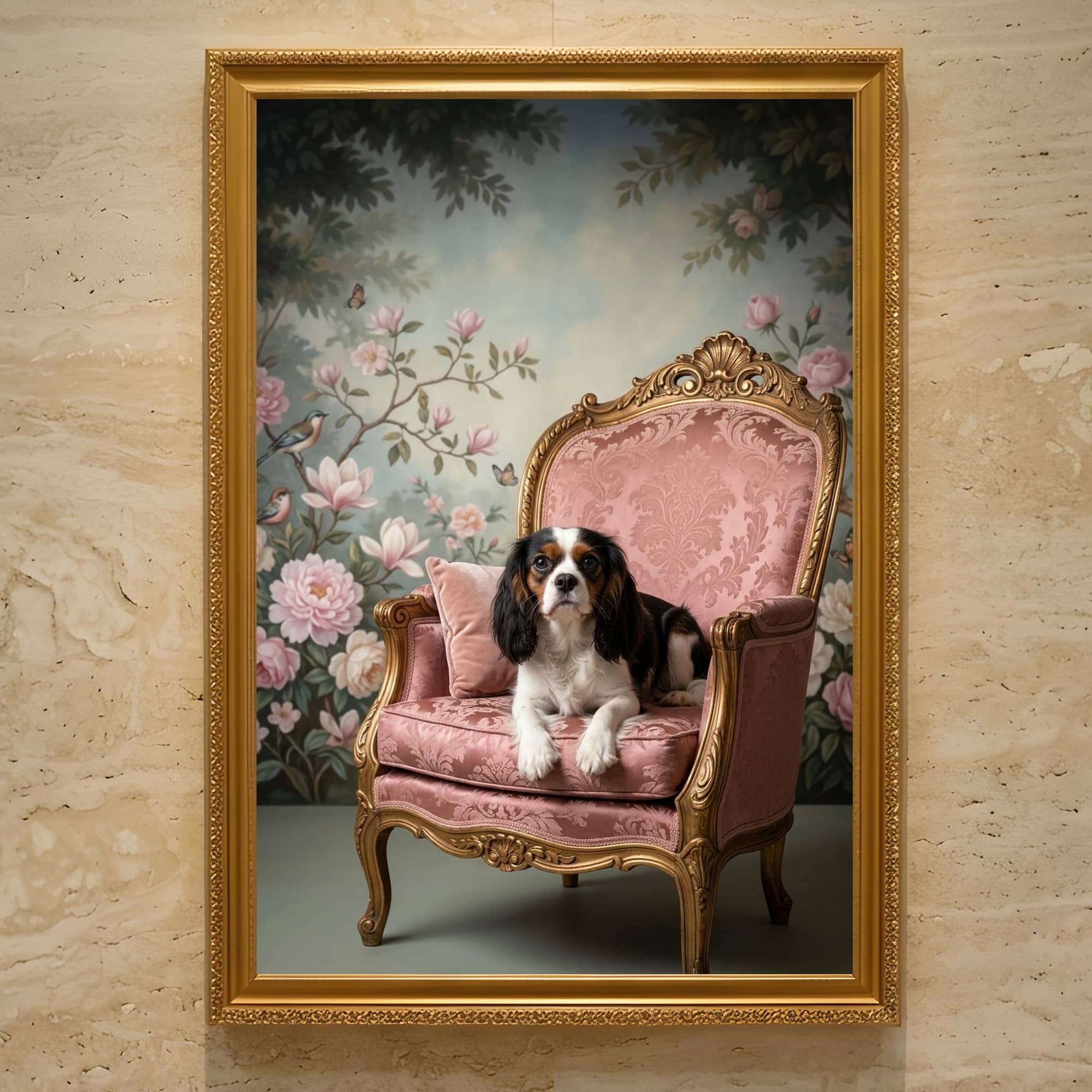 Cavalier King Charles spaniel Shabby Pink Oil-Painting Rococo Framed Art Print (A3)
