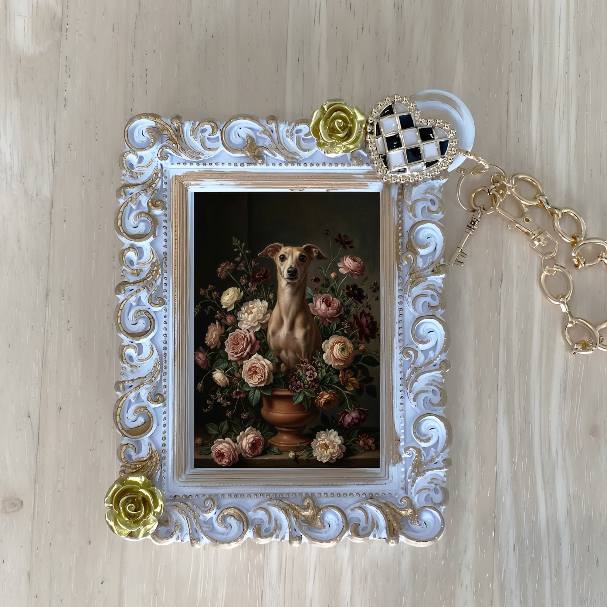 イタリアングレーハウンドの花の油絵風アート花柄バッグチャーム(ホワイト)