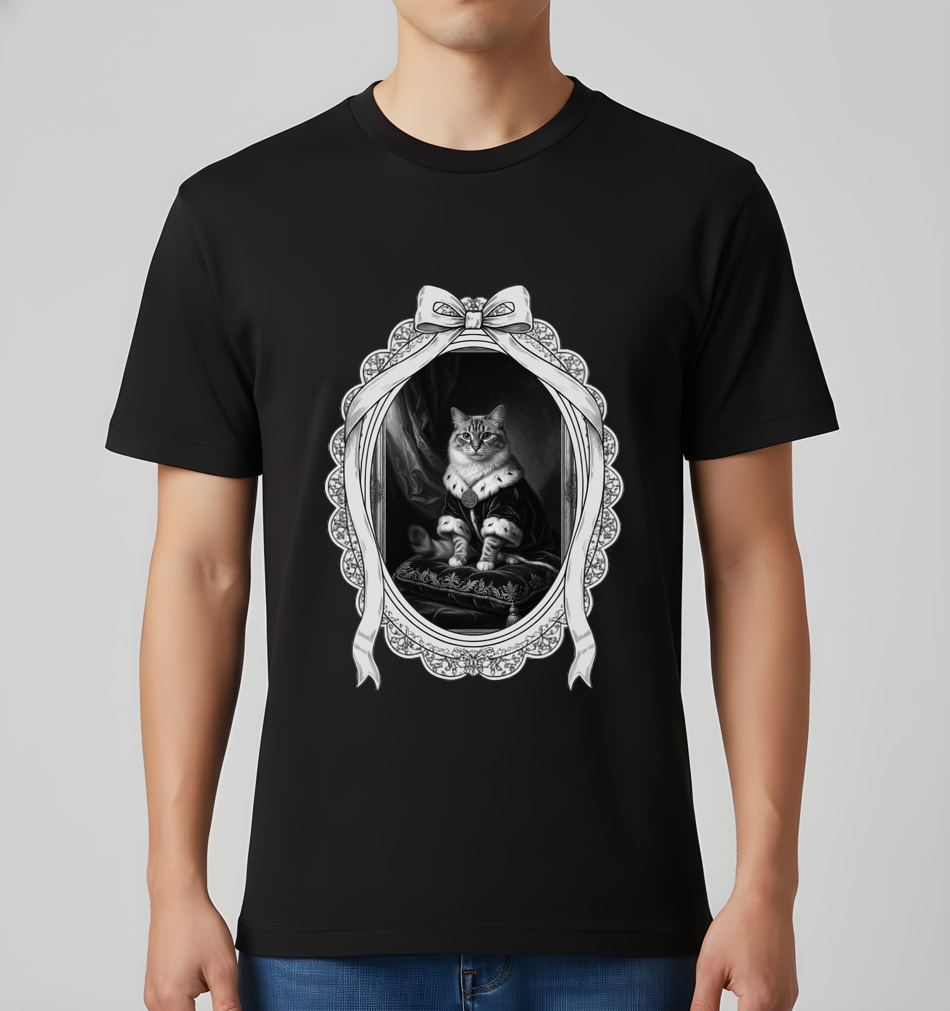 ラグドールのルネサンス肖像画Tシャツ(ブラック・モノクロプリント・額縁デザインあり) 2
