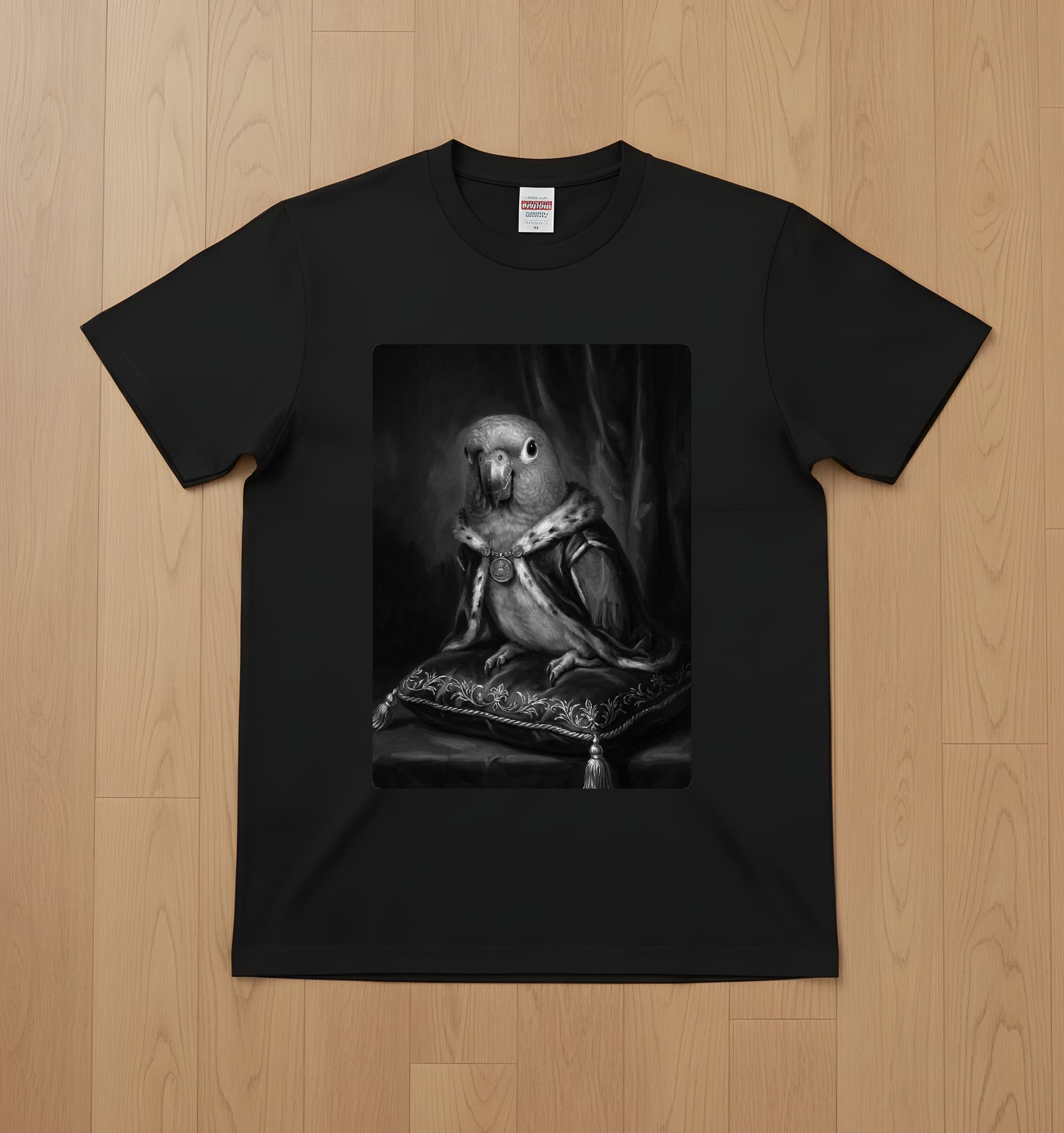 セネガルパロットのルネサンス肖像画Tシャツ(ブラック・モノクロプリント・額縁なし)