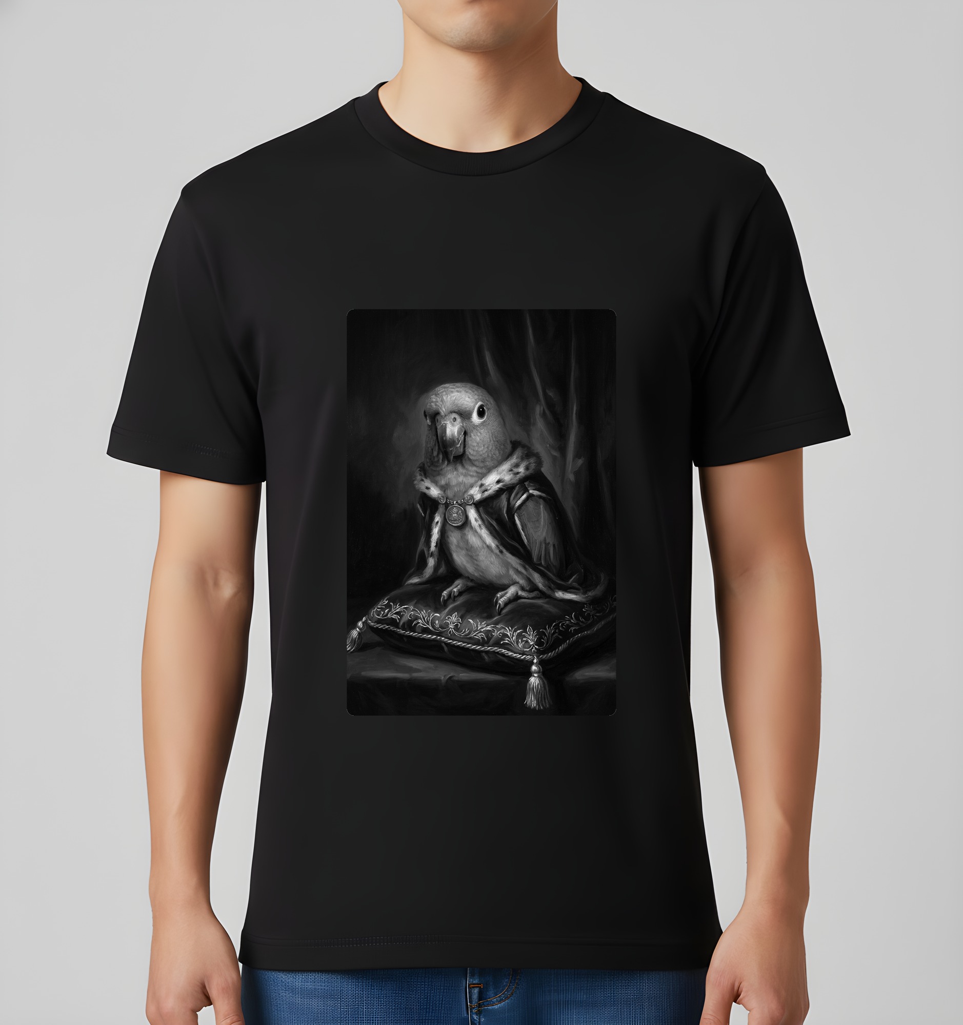 セネガルパロットのルネサンス肖像画Tシャツ(ブラック・モノクロプリント・額縁なし) 3