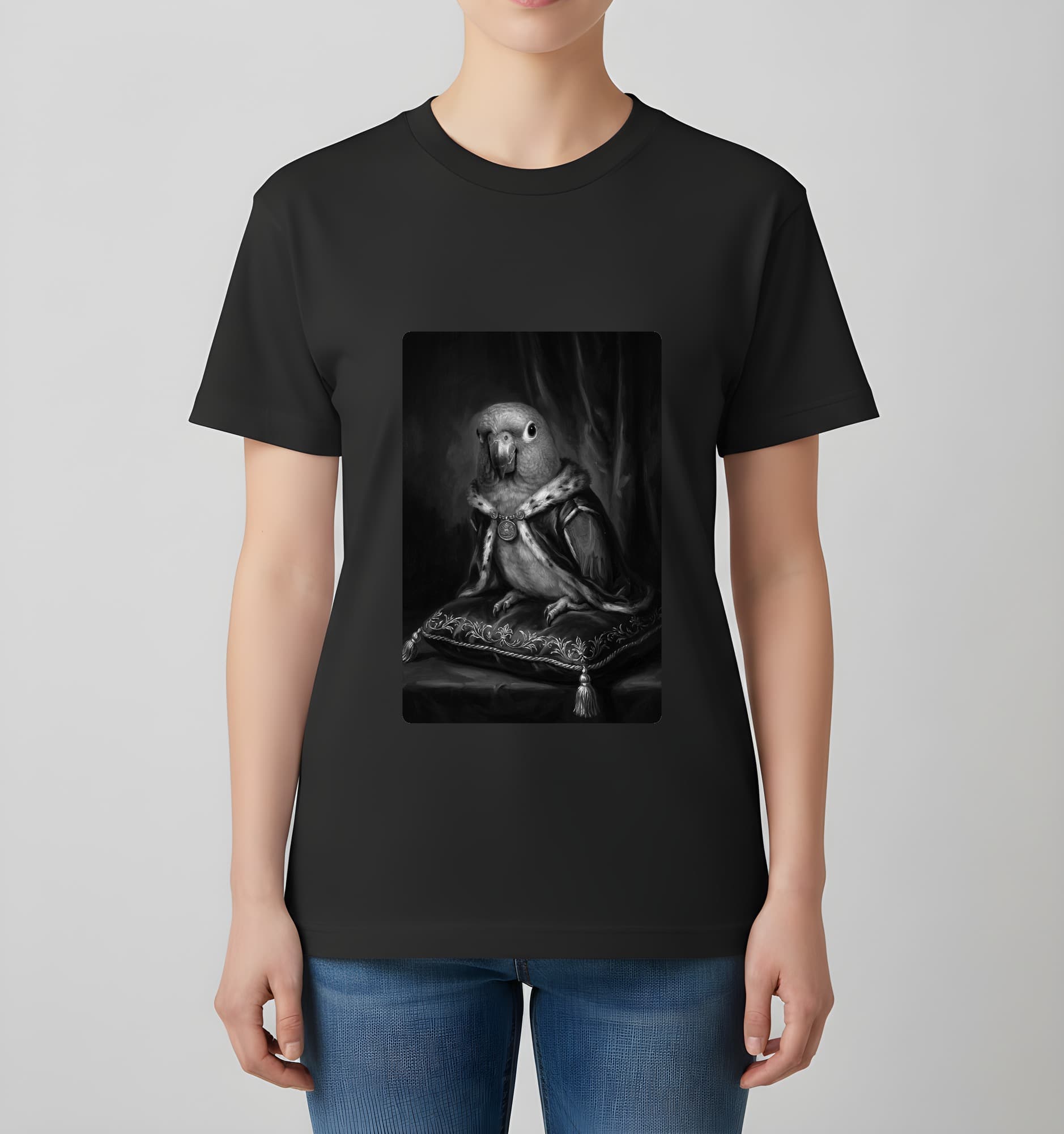 セネガルパロットのルネサンス肖像画Tシャツ(ブラック・モノクロプリント・額縁なし) 4