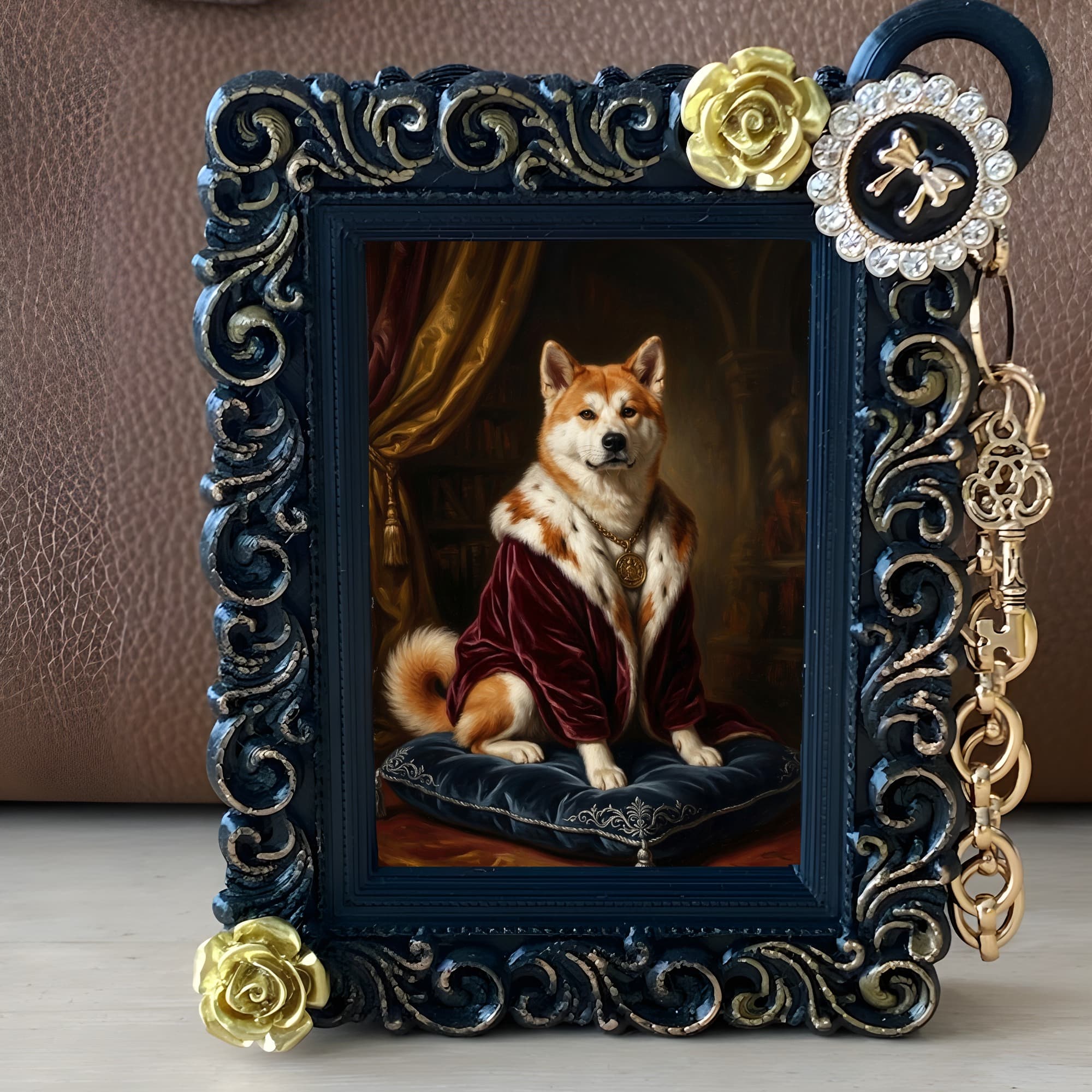 秋田犬のルネサンス肖像画バッグチャーム(ブラック) 2
