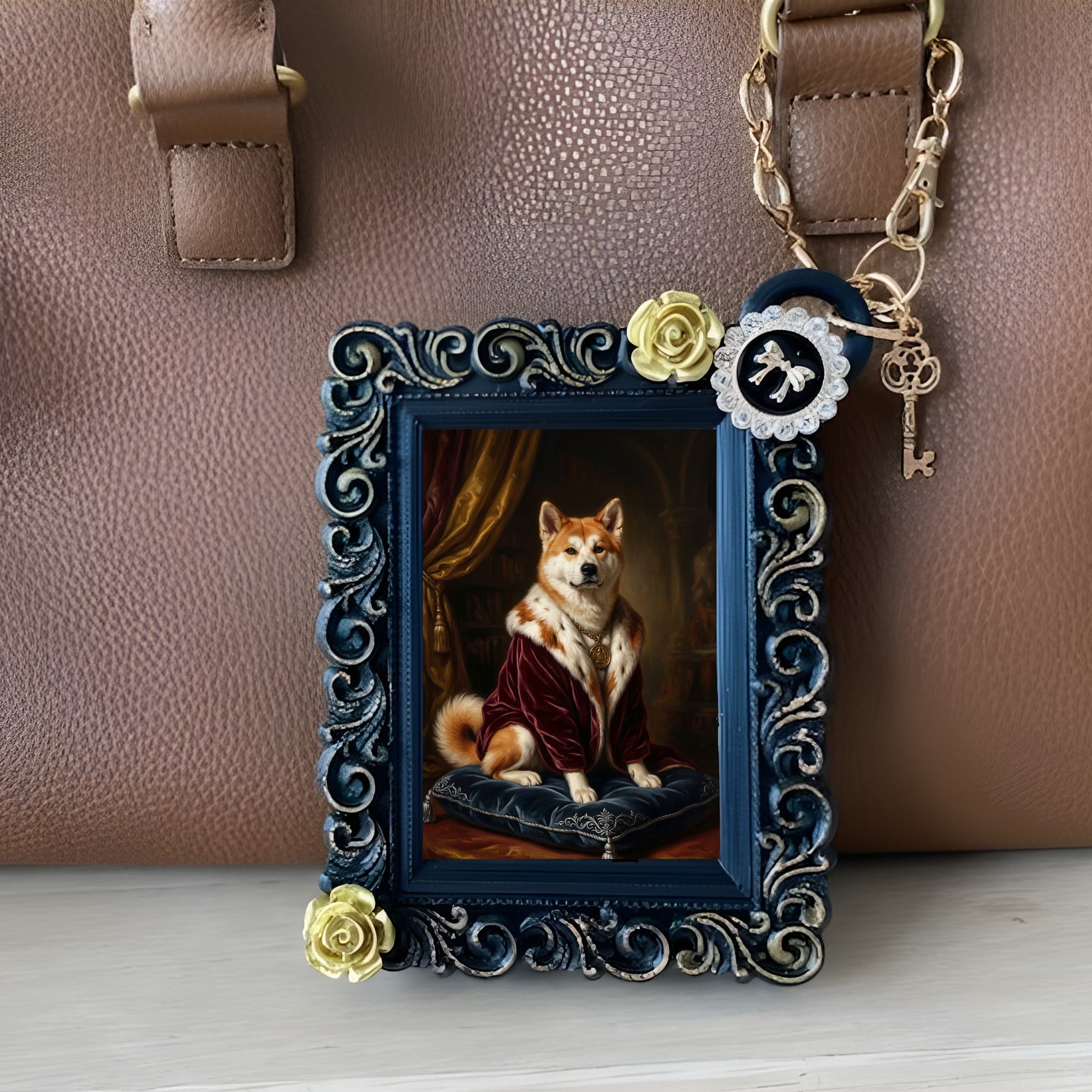 秋田犬のルネサンス肖像画バッグチャーム(ブラック) 3
