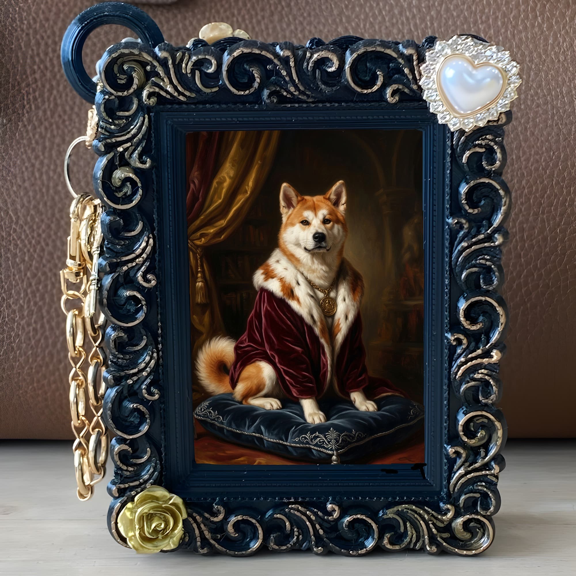 秋田犬のルネサンス肖像画バッグチャーム(ブラック) 5