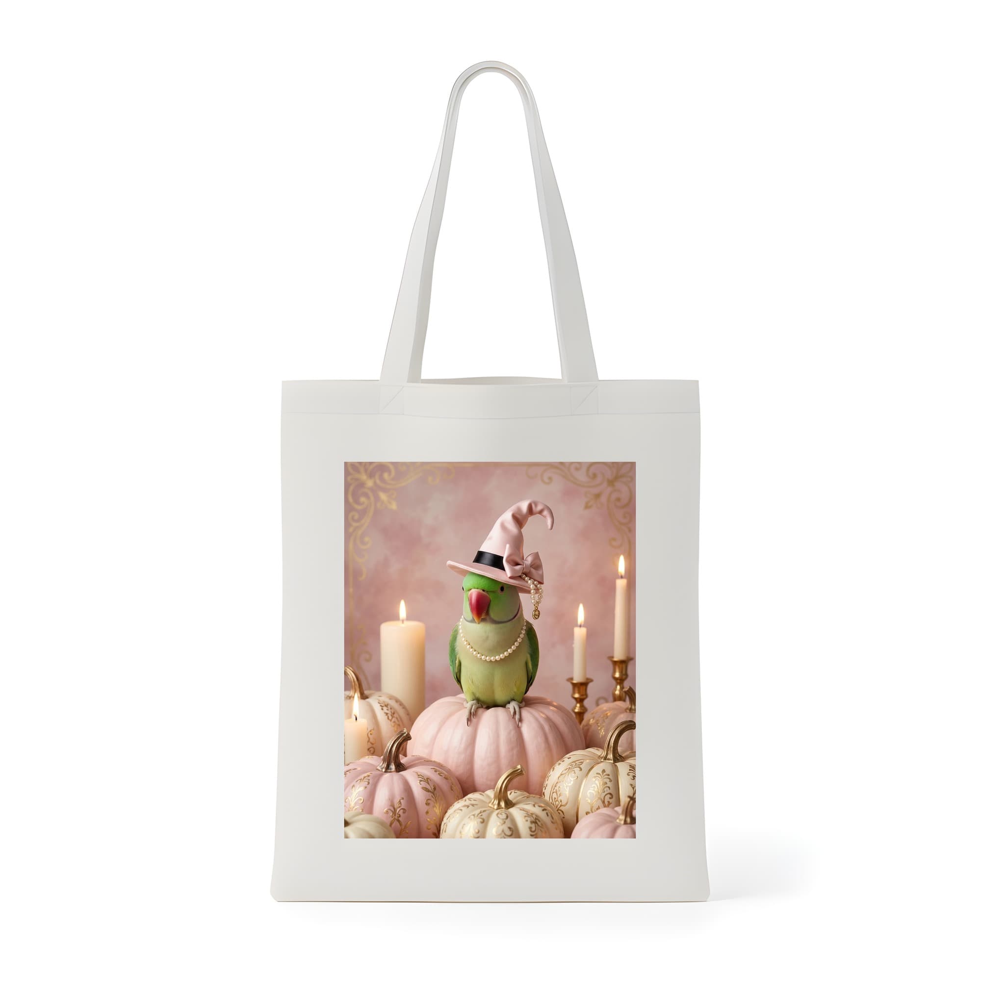 アレクサンドリンインコのかぼちゃとキャンドルの油絵風アートハロウィントートバッグ