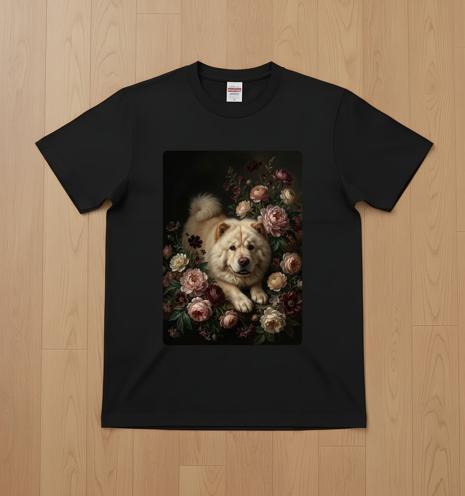 チャウチャウの花の油絵風アート花柄Tシャツ(ブラック)