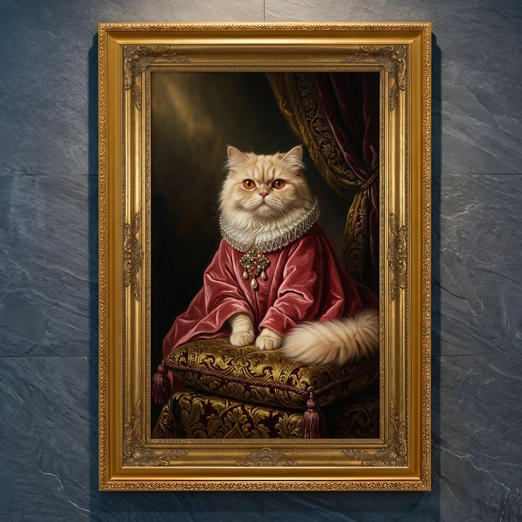ペルシャ猫のルネサンス肖像画額装プリント(A4金縁)