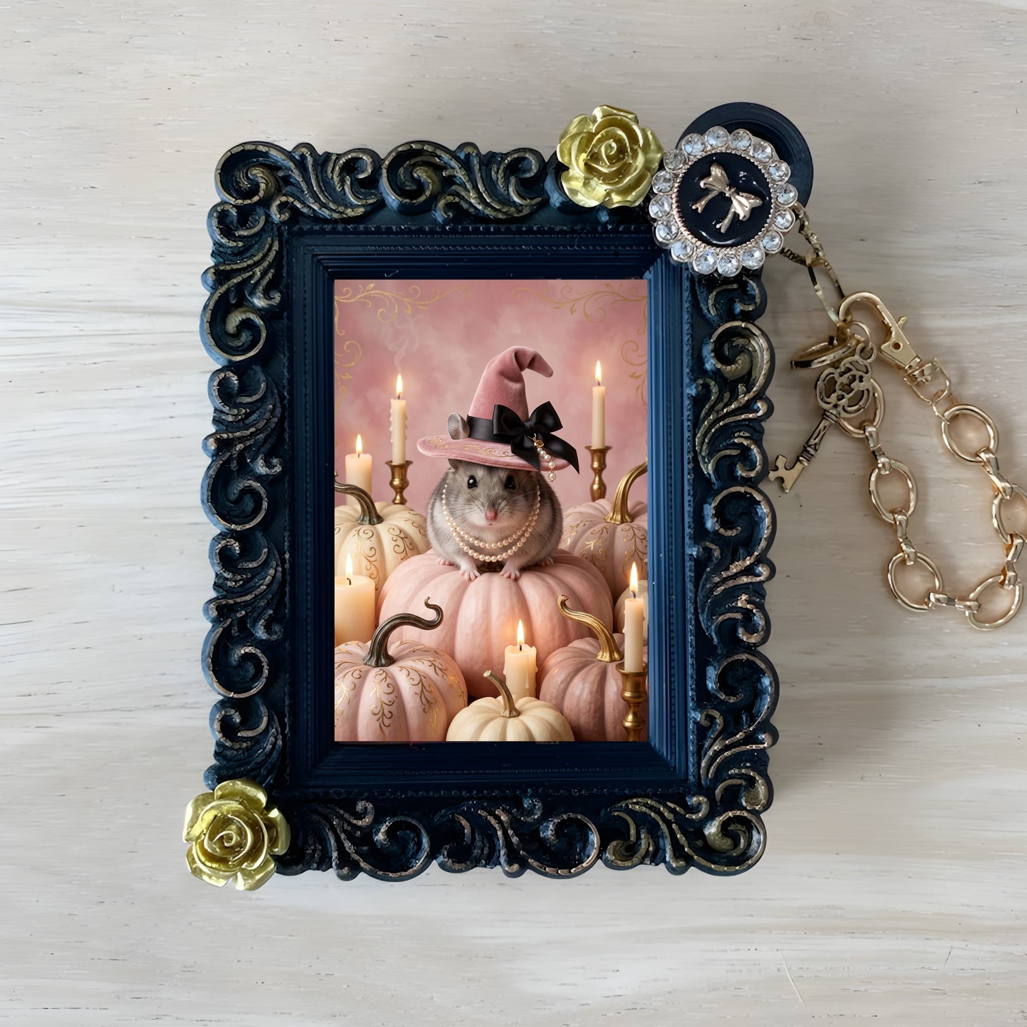 Sapphire hamster Pumpkin & Candlelight Oil-Painting Halloween Bag Charm (Black)